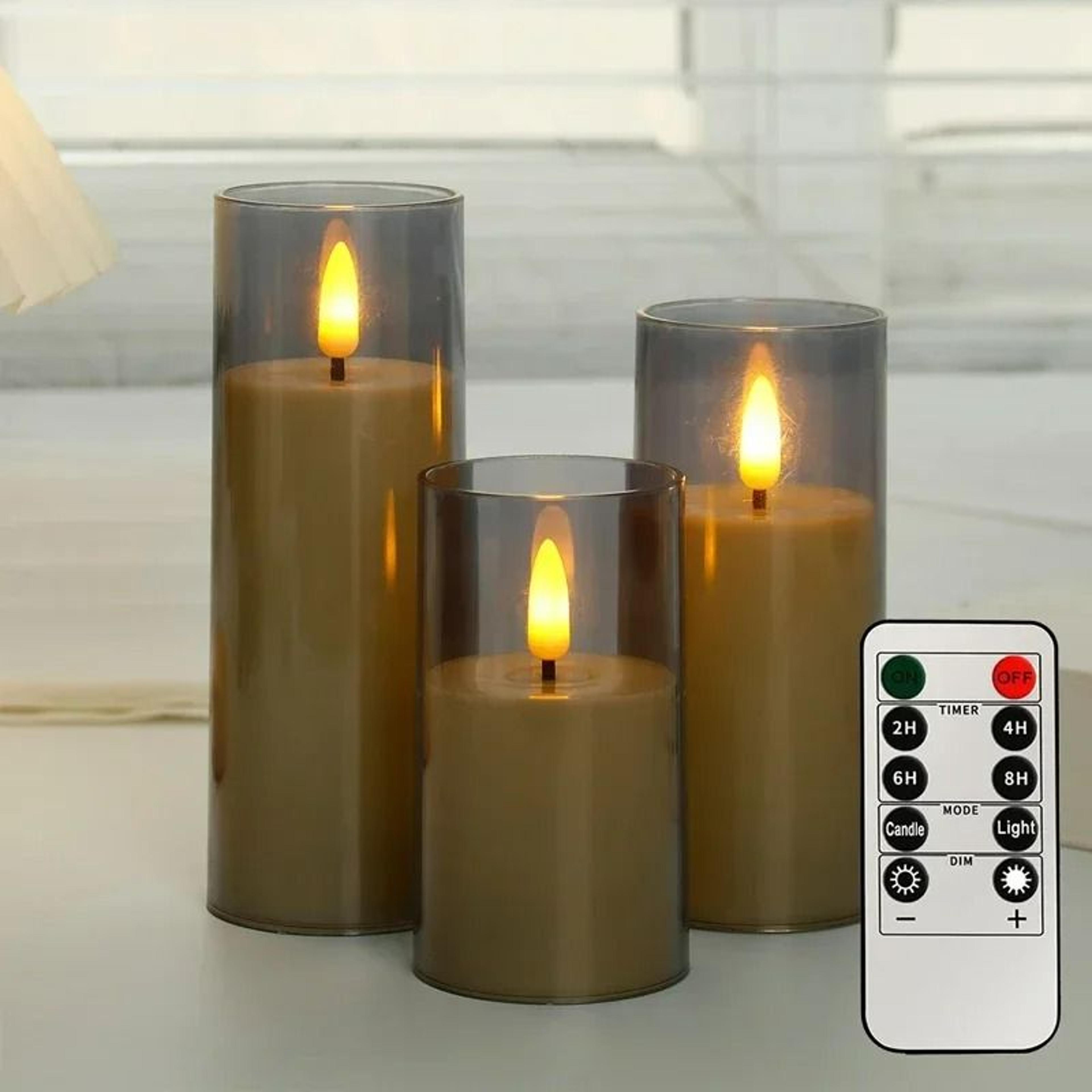 flameless led pillar candles in clear acrylic glass with remote & timer ( pack of 3 )