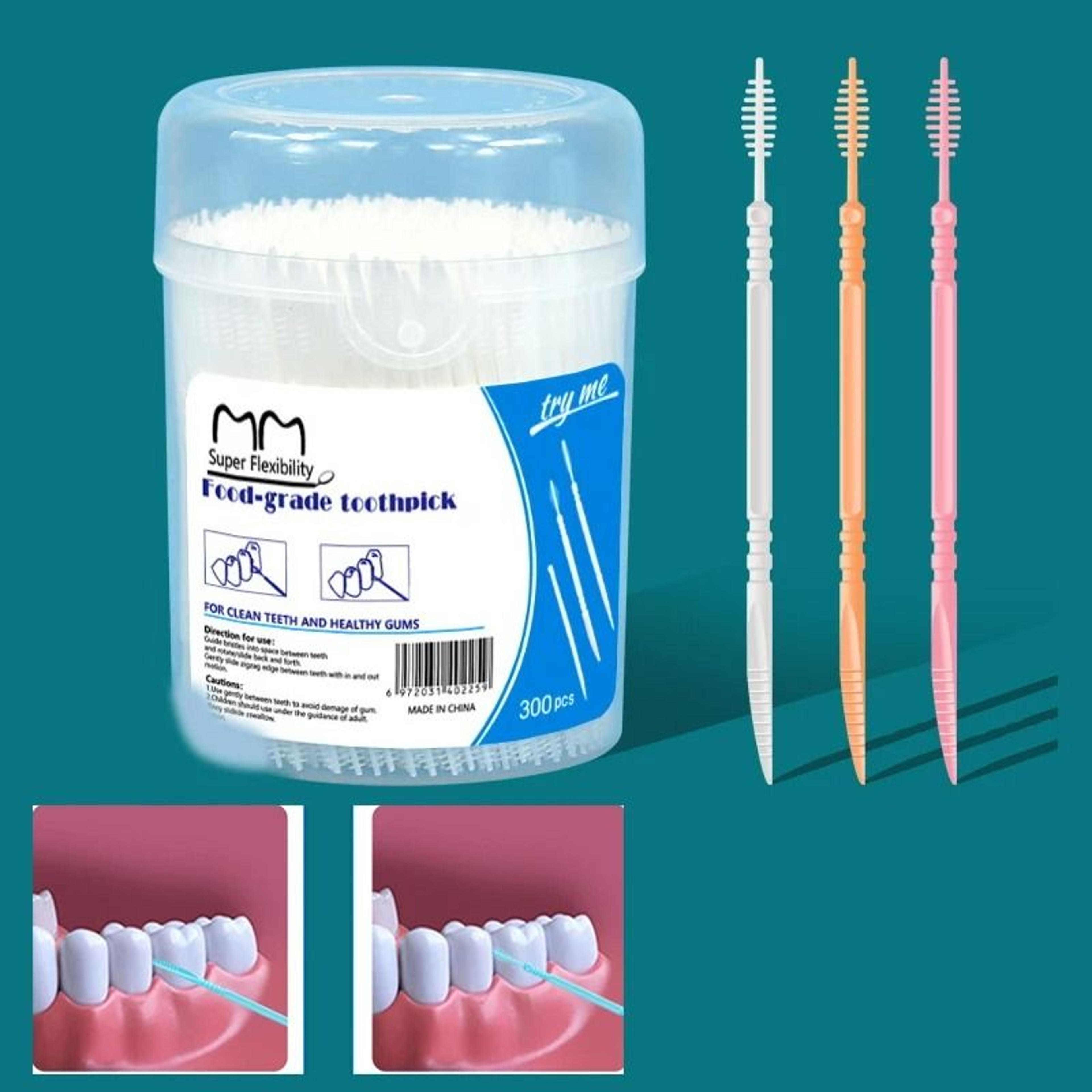 300 piece double head plastic interdental brushes and floss toothpicks for oral hygiene