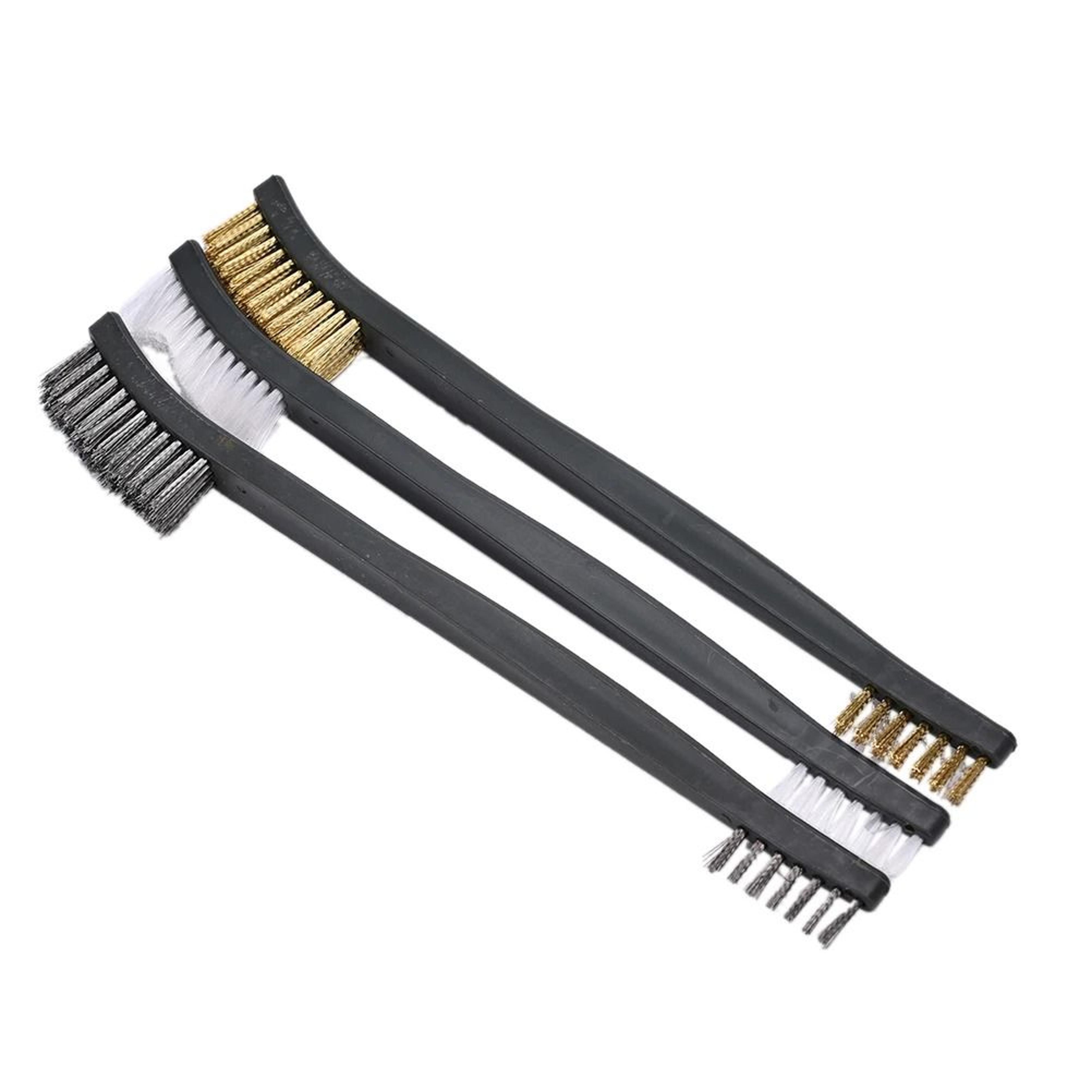 3 piece mini wire brush set with stainless steel, brass, and nylon bristles