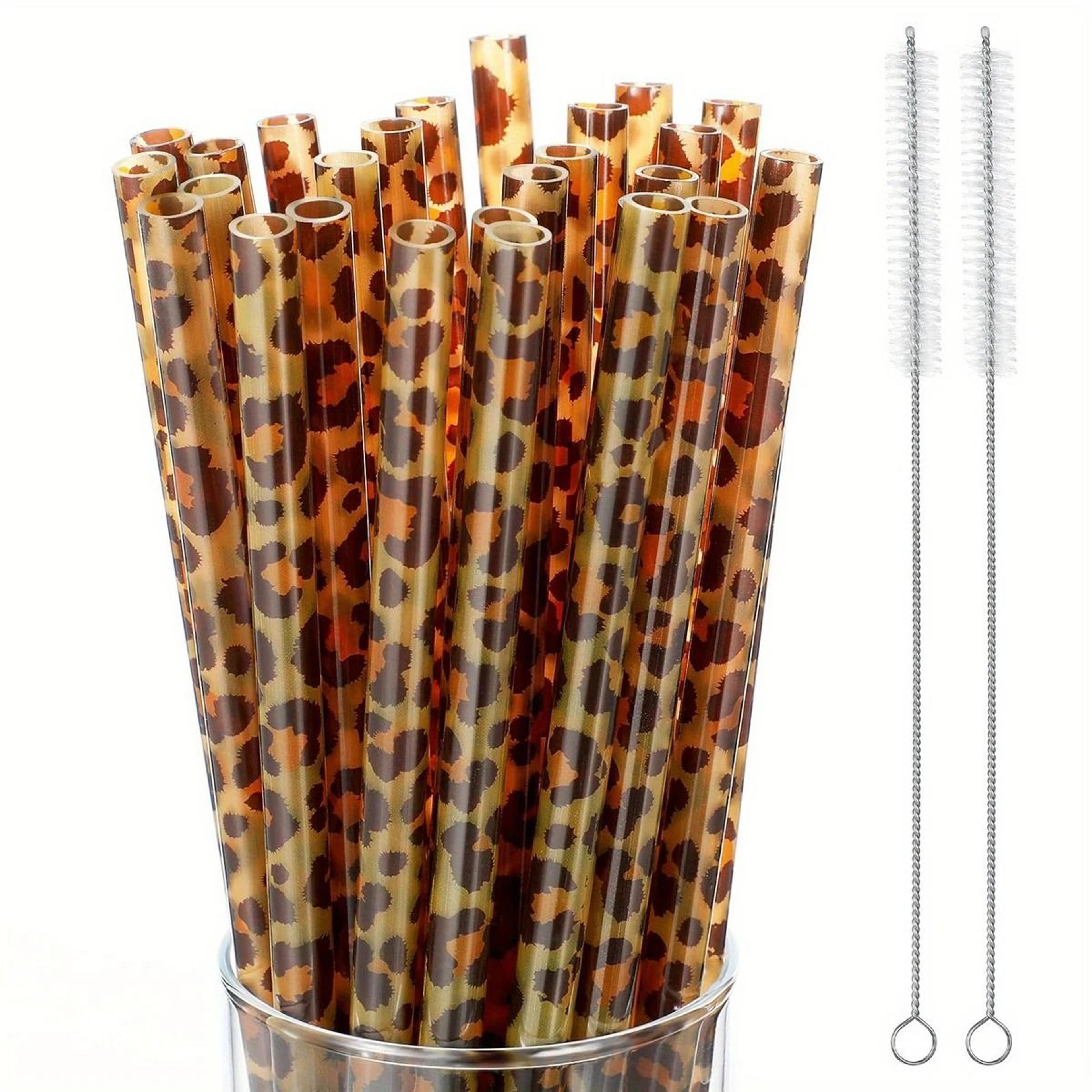 11 piece reusable leopard print straw set with cleaning brush