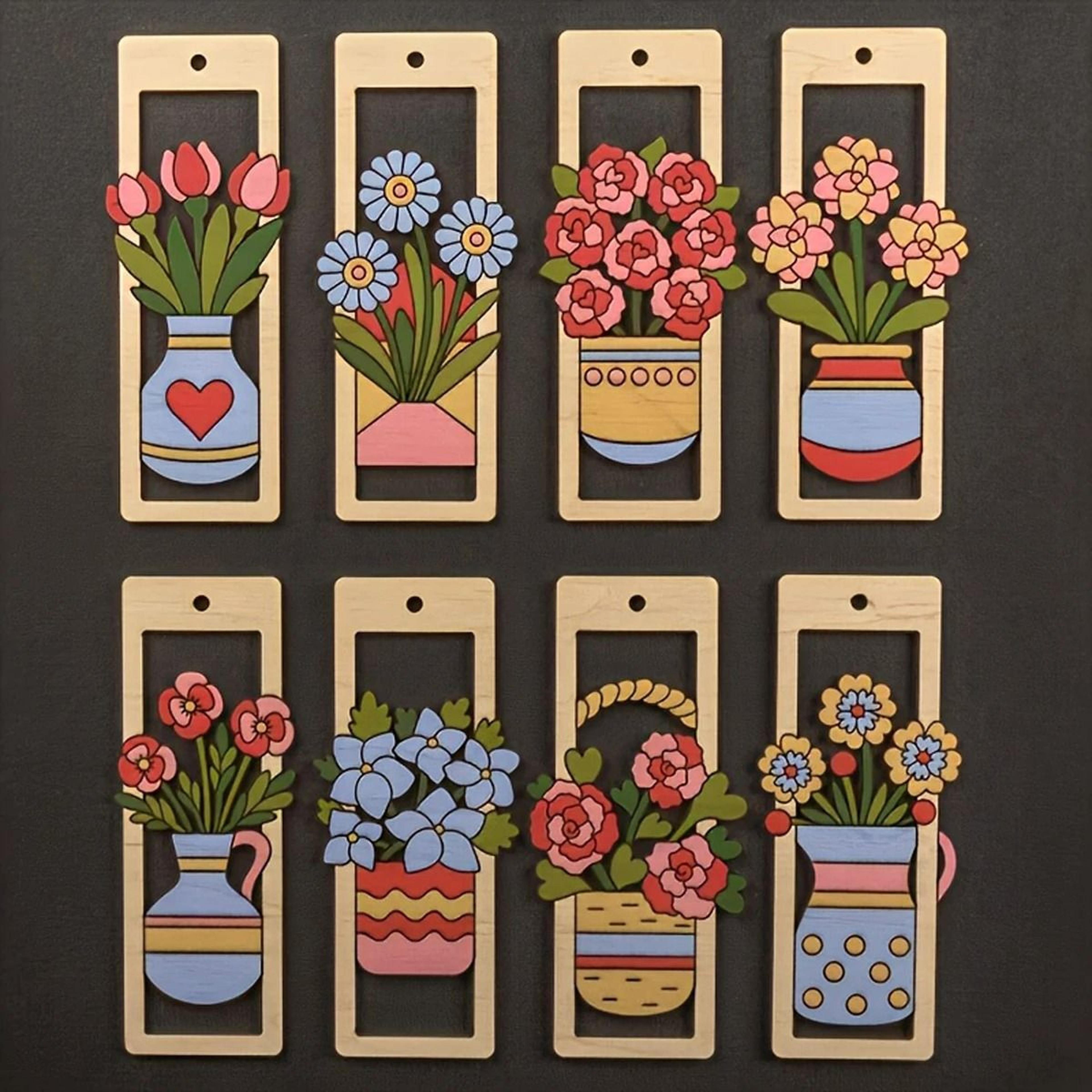 8 piece unfinished wooden flower-shaped bookmarks with tassels and hanging twine