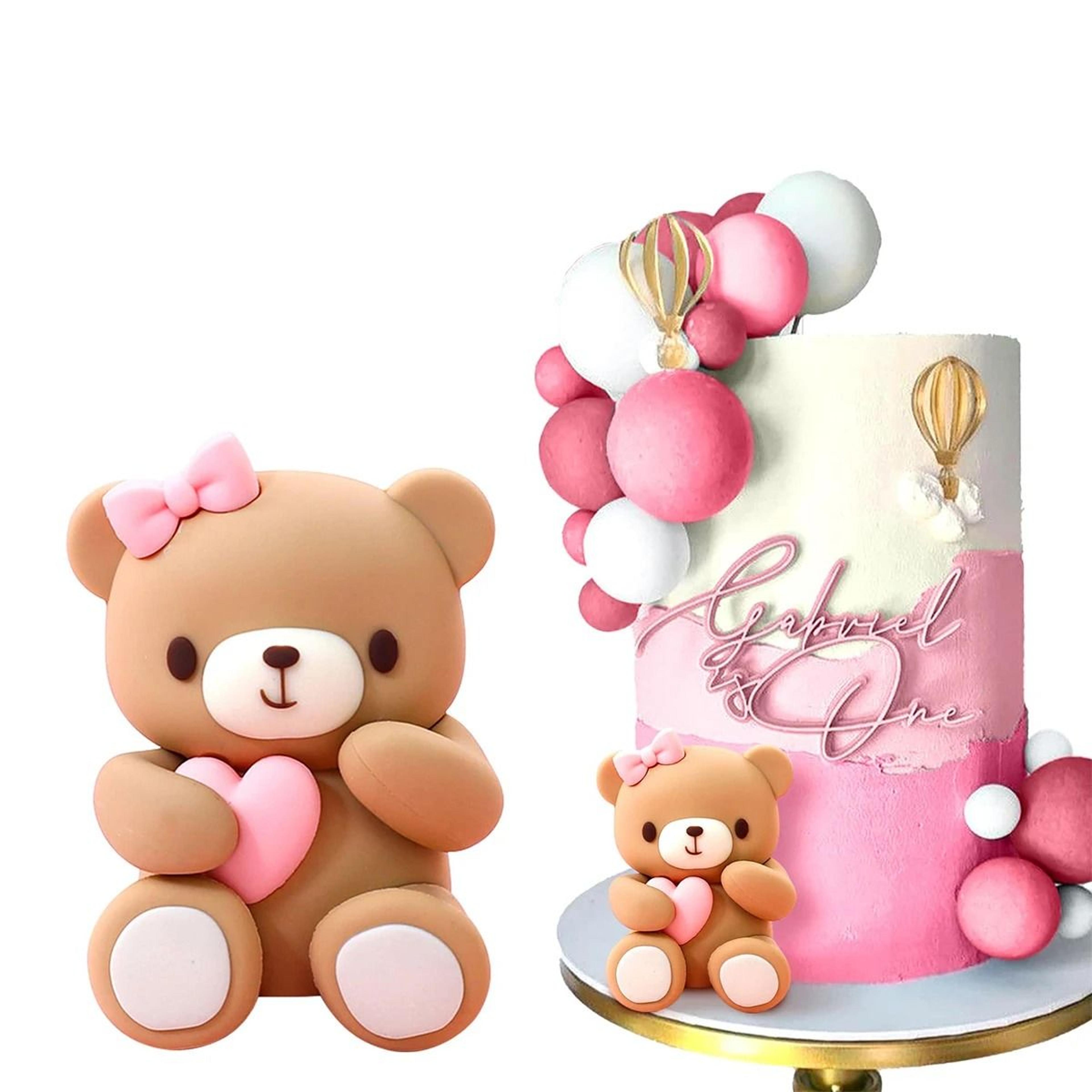 pink bear and train cake topper set for baby showers and birthdays