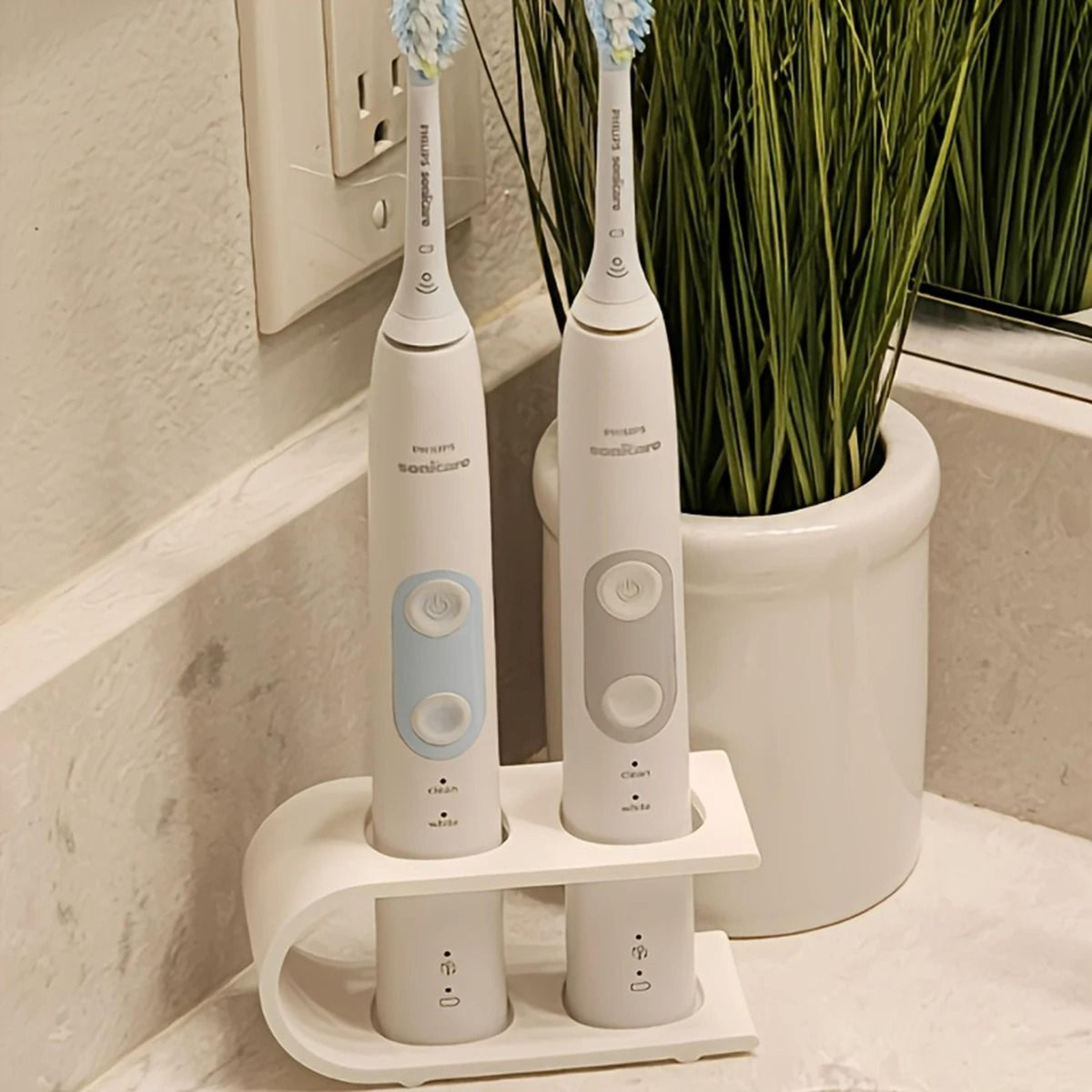 two-hole countertop electric toothbrush holder and bathroom organizer