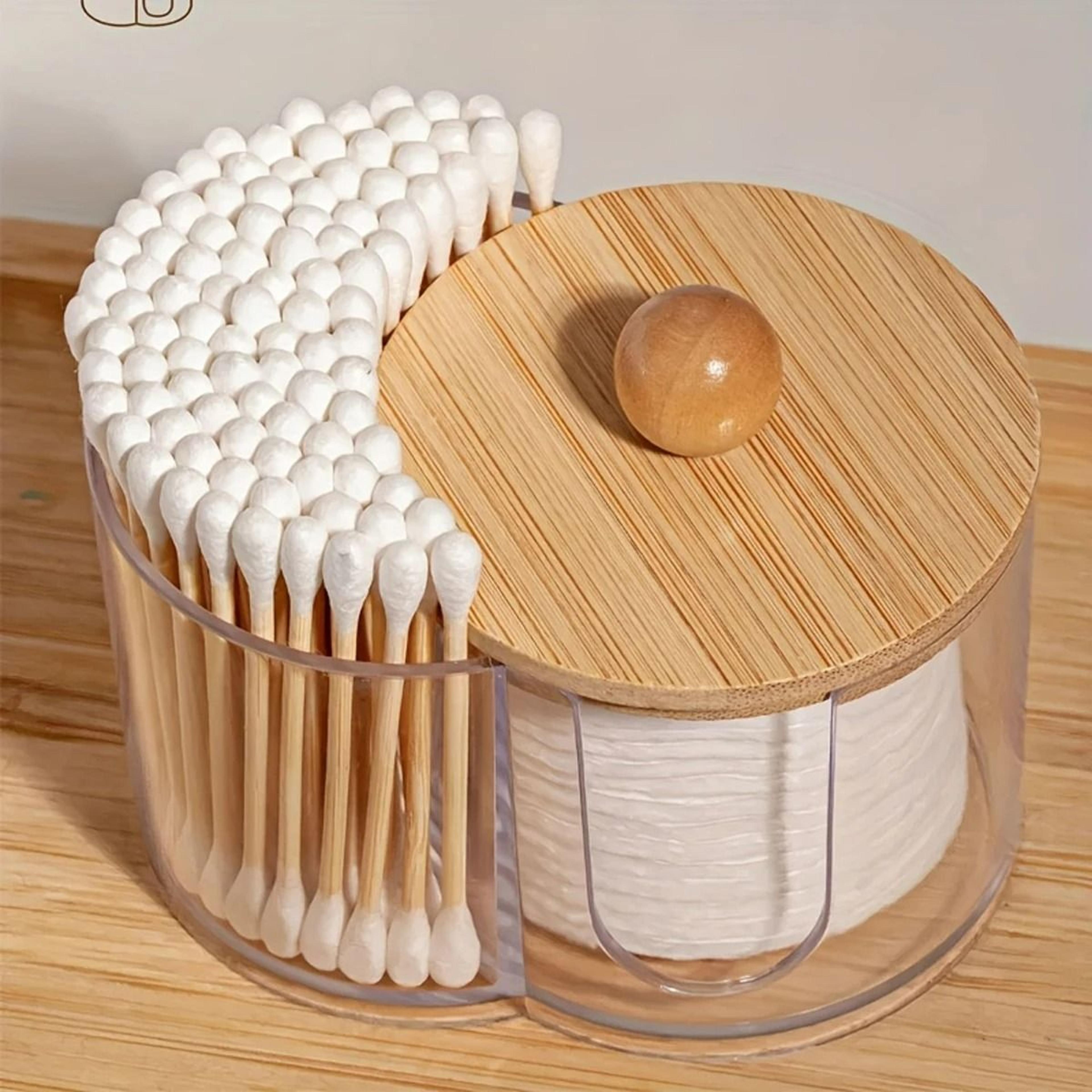 transparent dual-compartment storage box with natural wooden lid for cotton swabs and pads