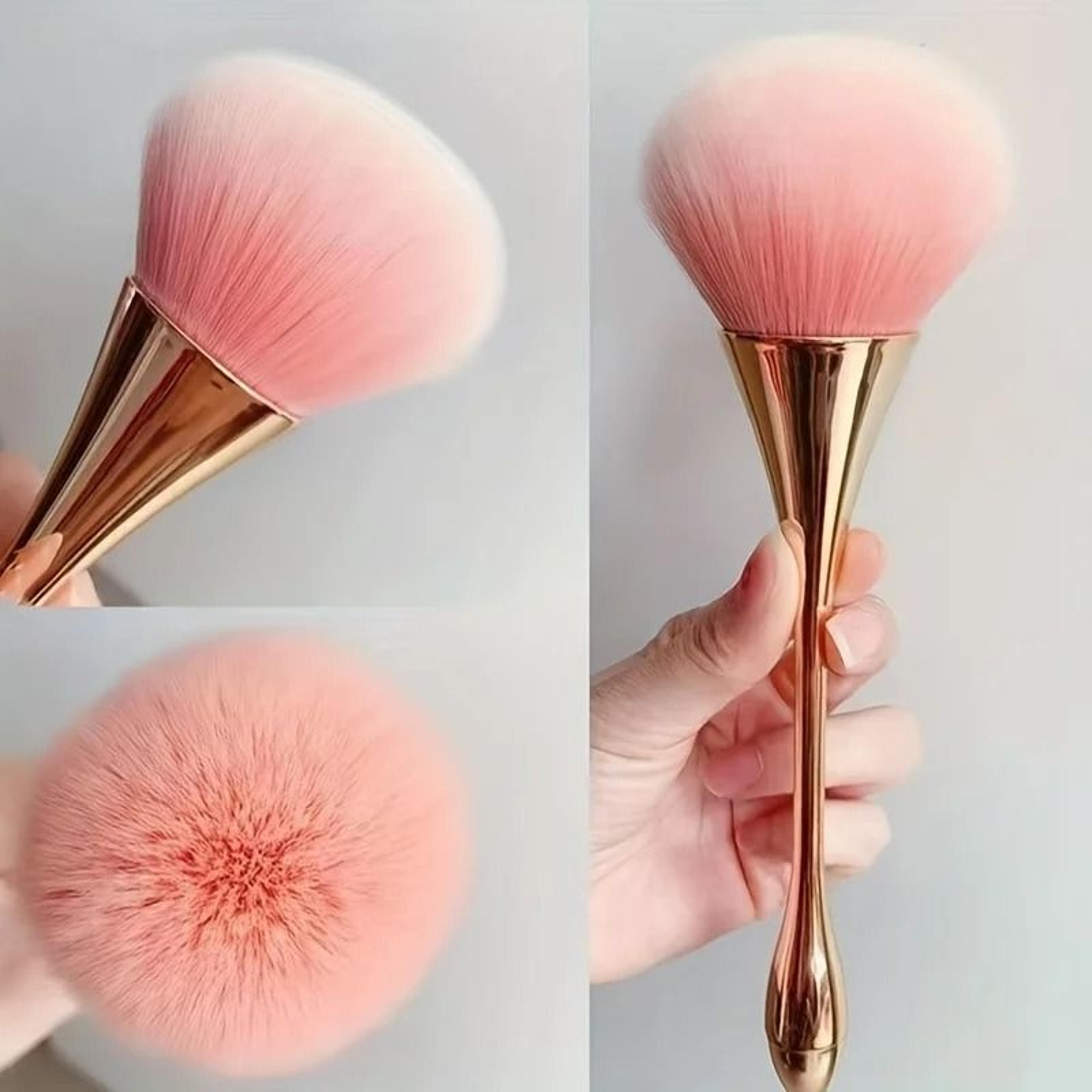 rose gold soft bristle fan makeup brush for loose powder, highlighting, and blush