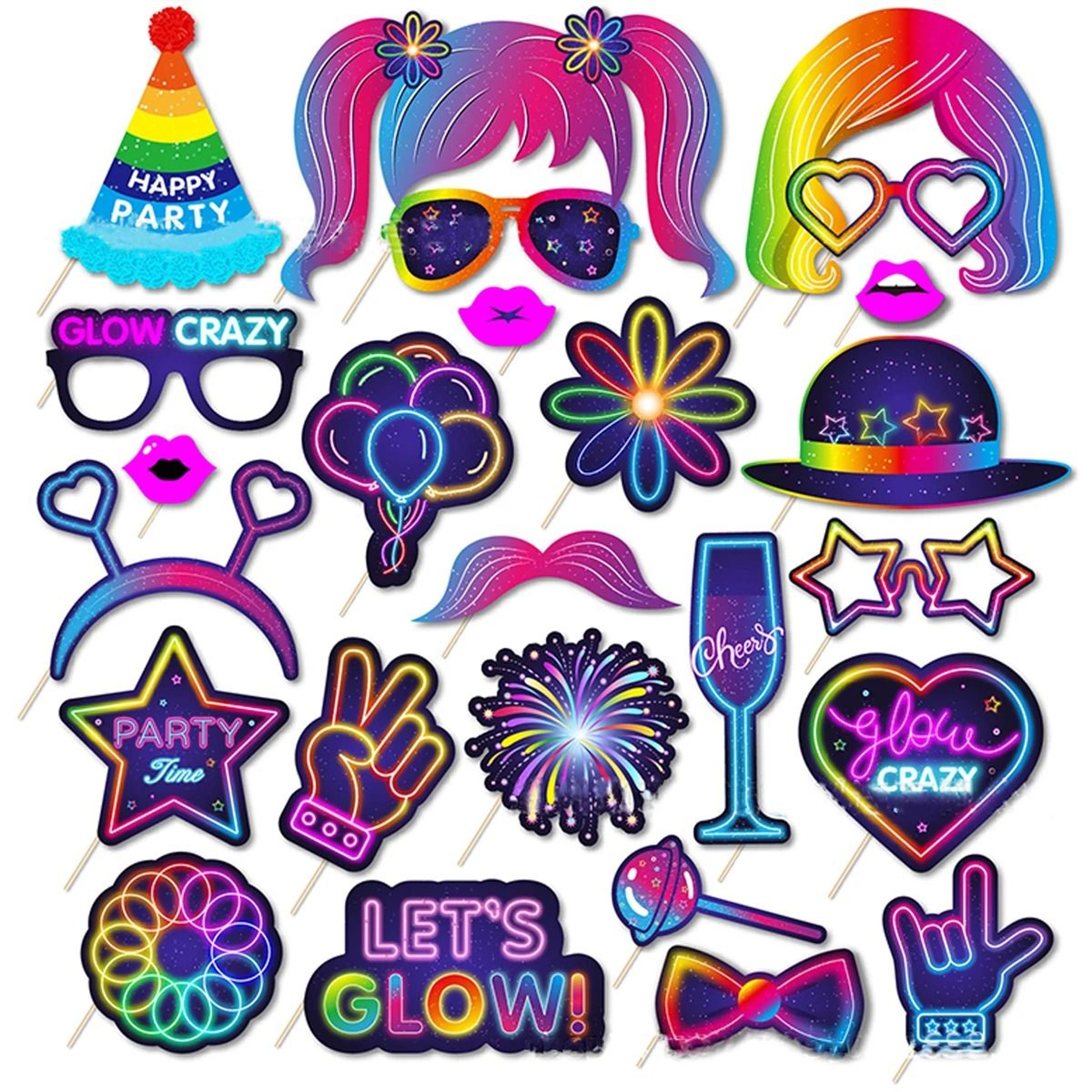 25-piece let's glow photo booth props kit with sticks for neon theme birthday parties