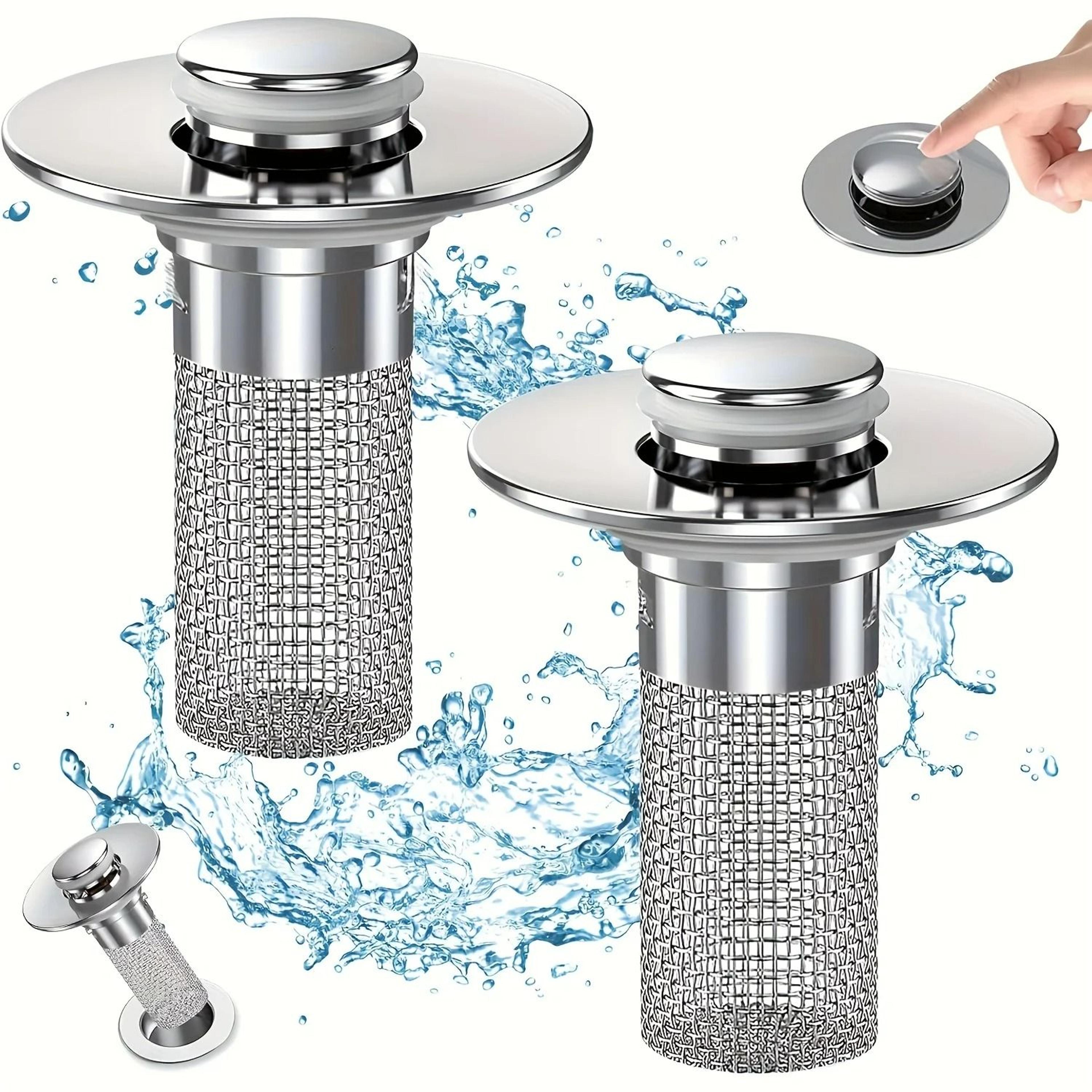 2-piece stainless steel pop-up sink drain plug strainer with removable clog-preventing basket