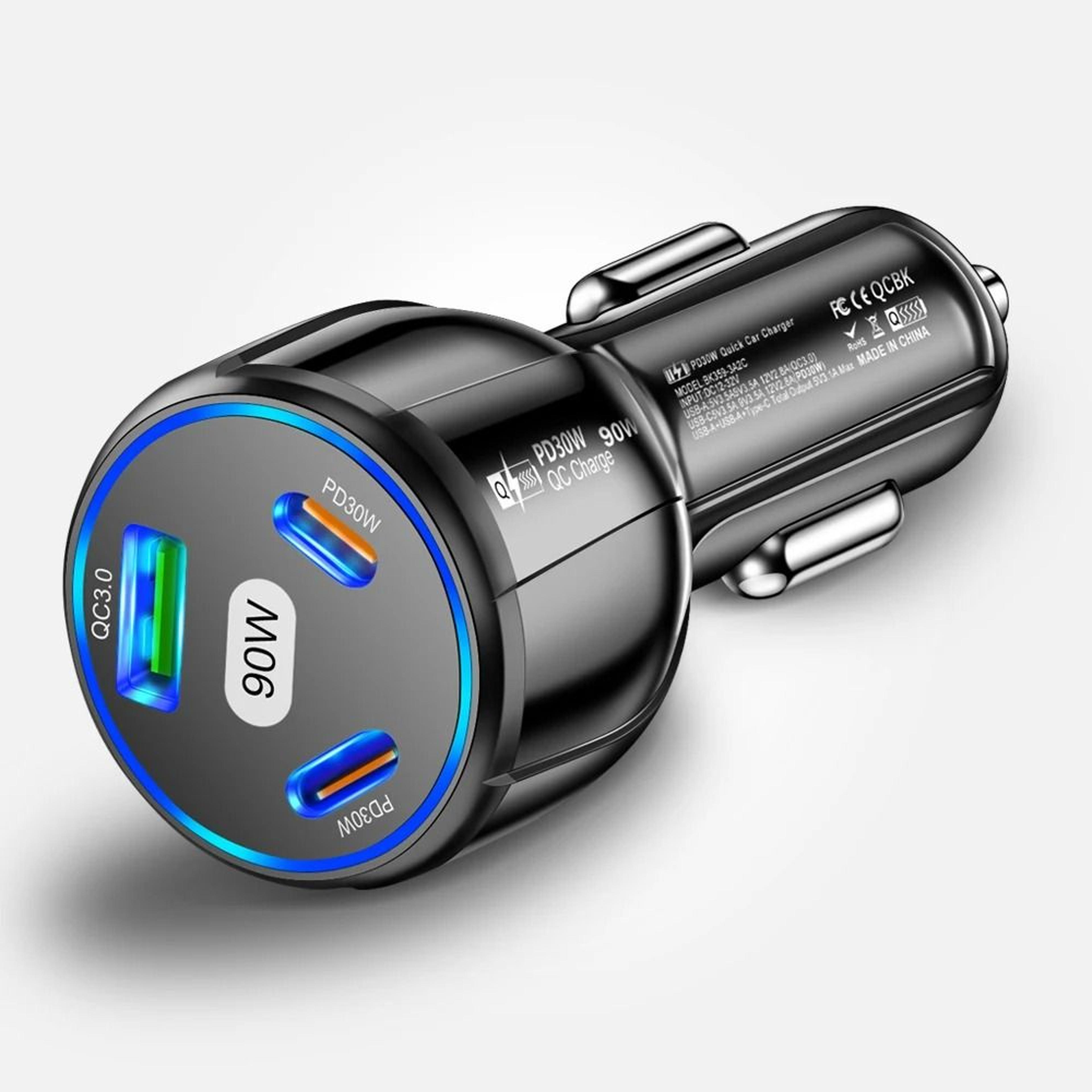90w 3-port usb-d & qc 3.0 fast car charger adapter for iphone, samsung & laptops
