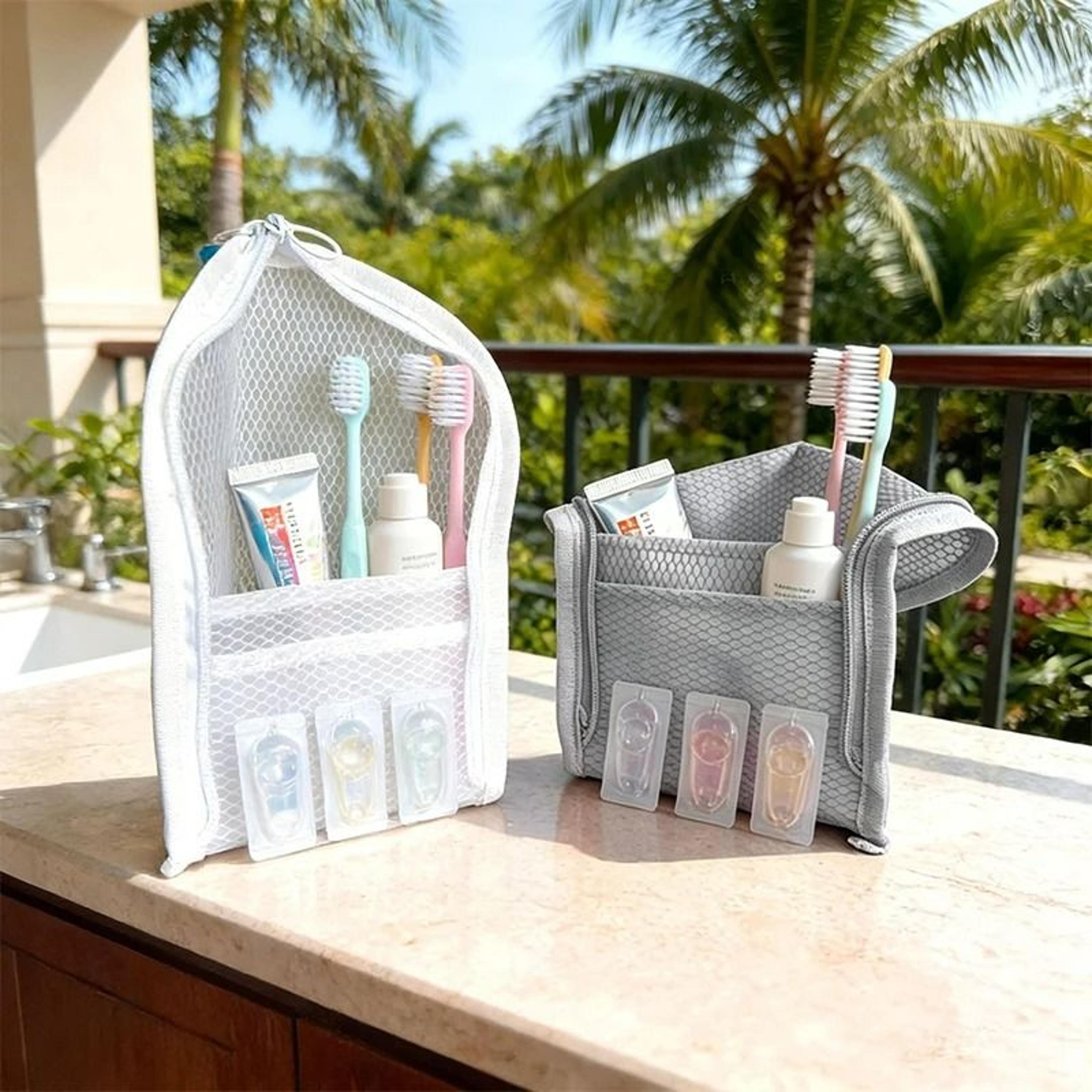 portable mesh cosmetic & stand-up travel toiletry organizer bag