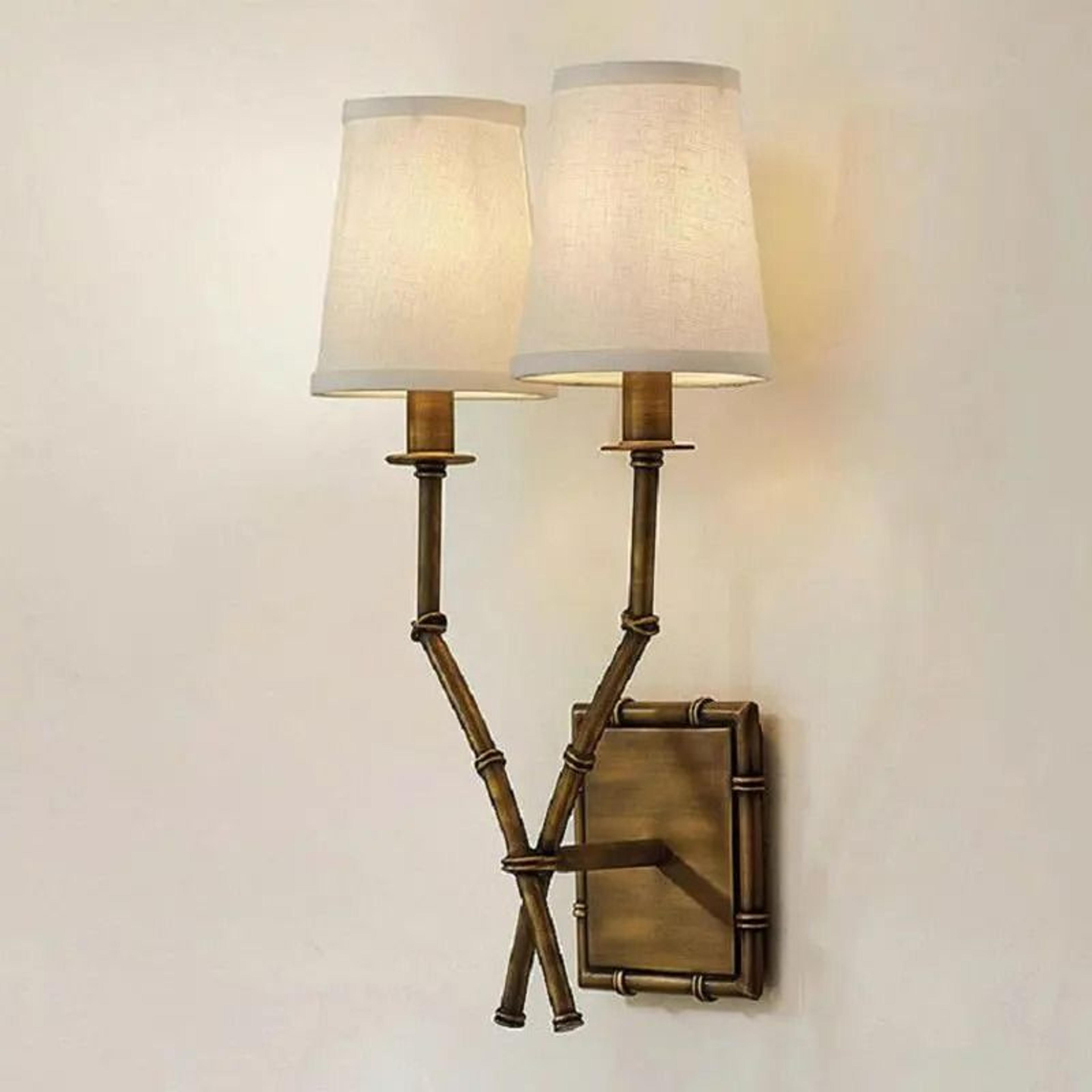 american antique iron & bamboo double-head linen wall sconce