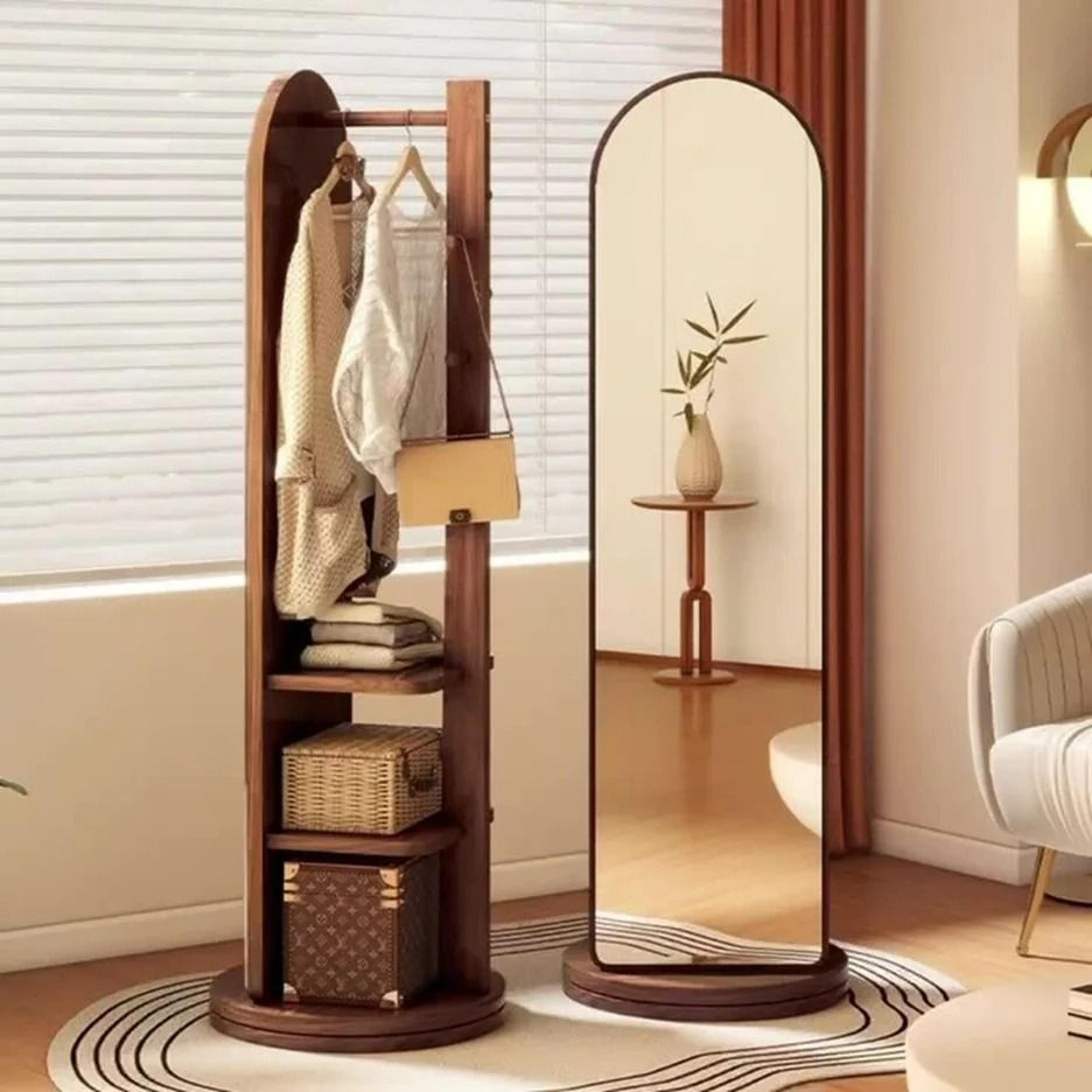 360° rotating full-length mirror with storage coat rack