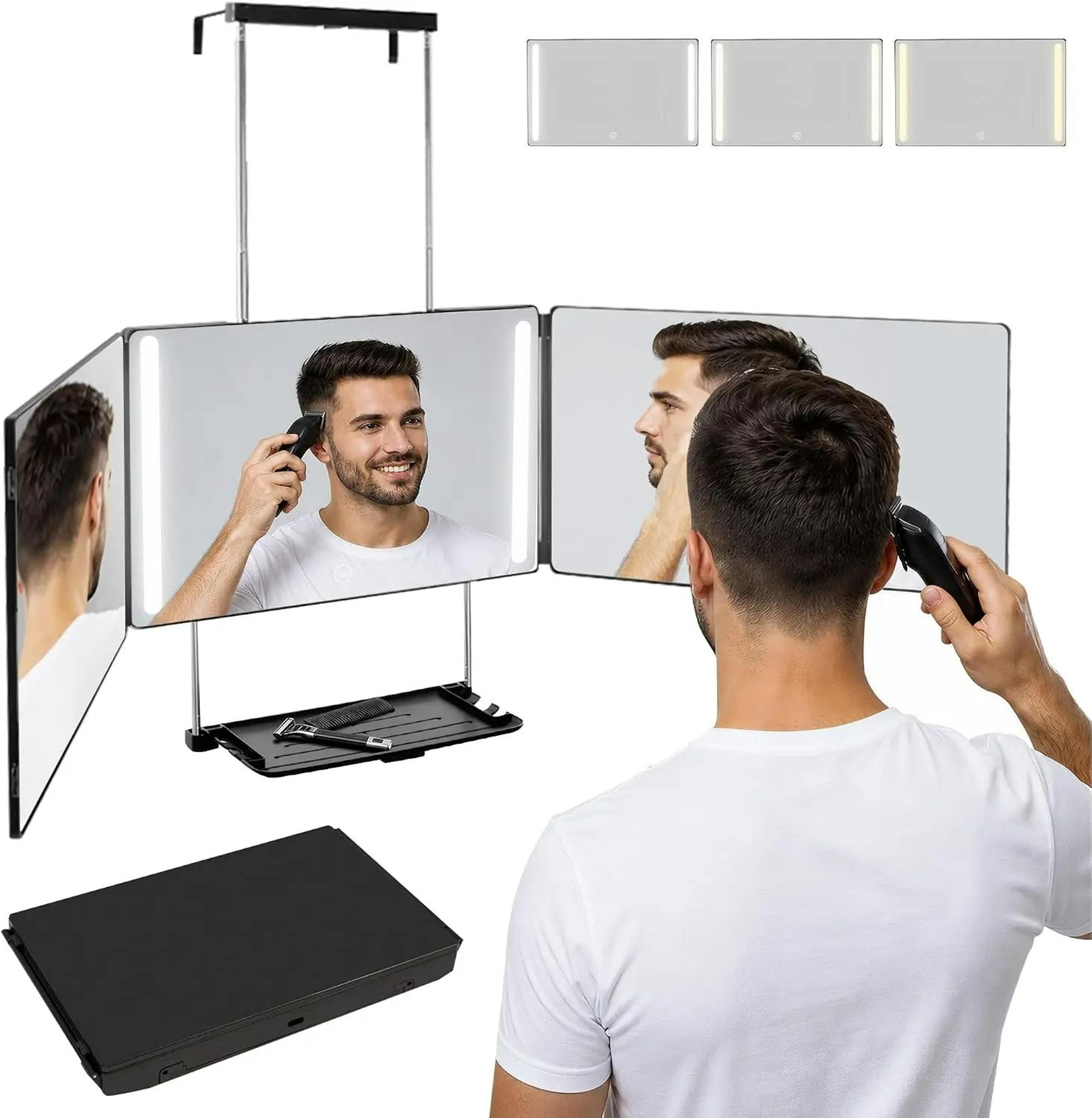 3-way rechargeable led self-haircut mirror with storage shelf