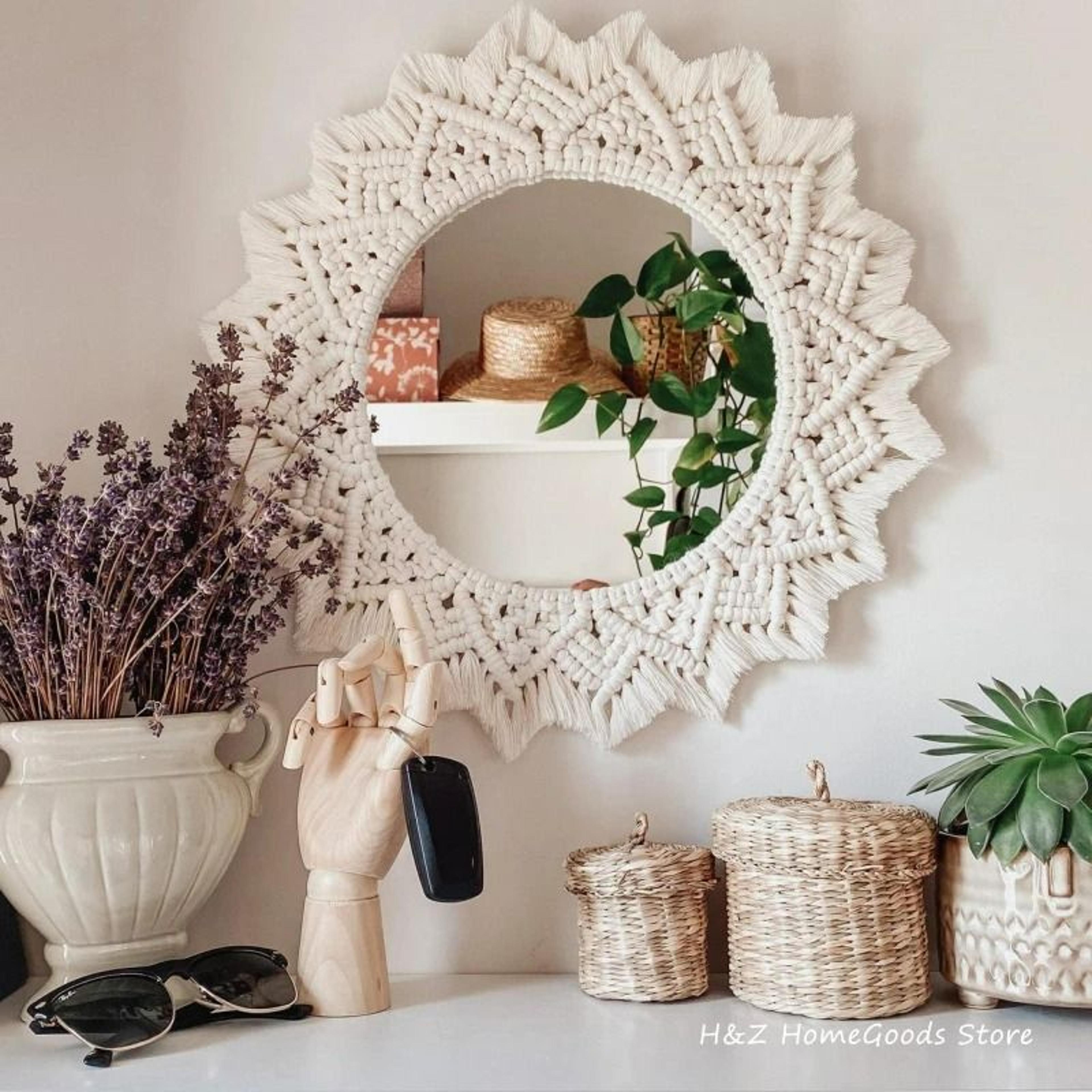 boho macrame handmade round wall hanging mirror