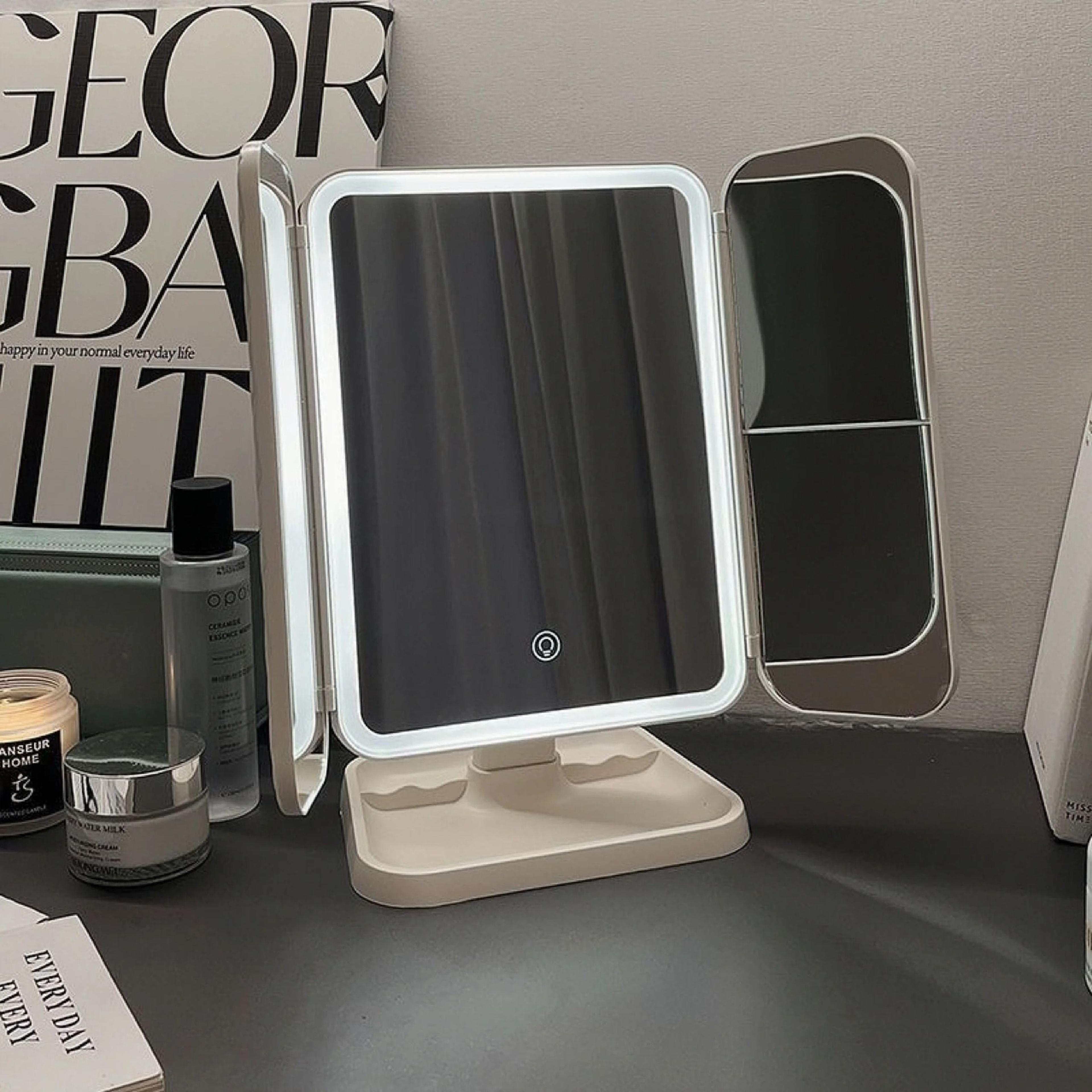 triple-fold illuminated led vanity makeup mirror