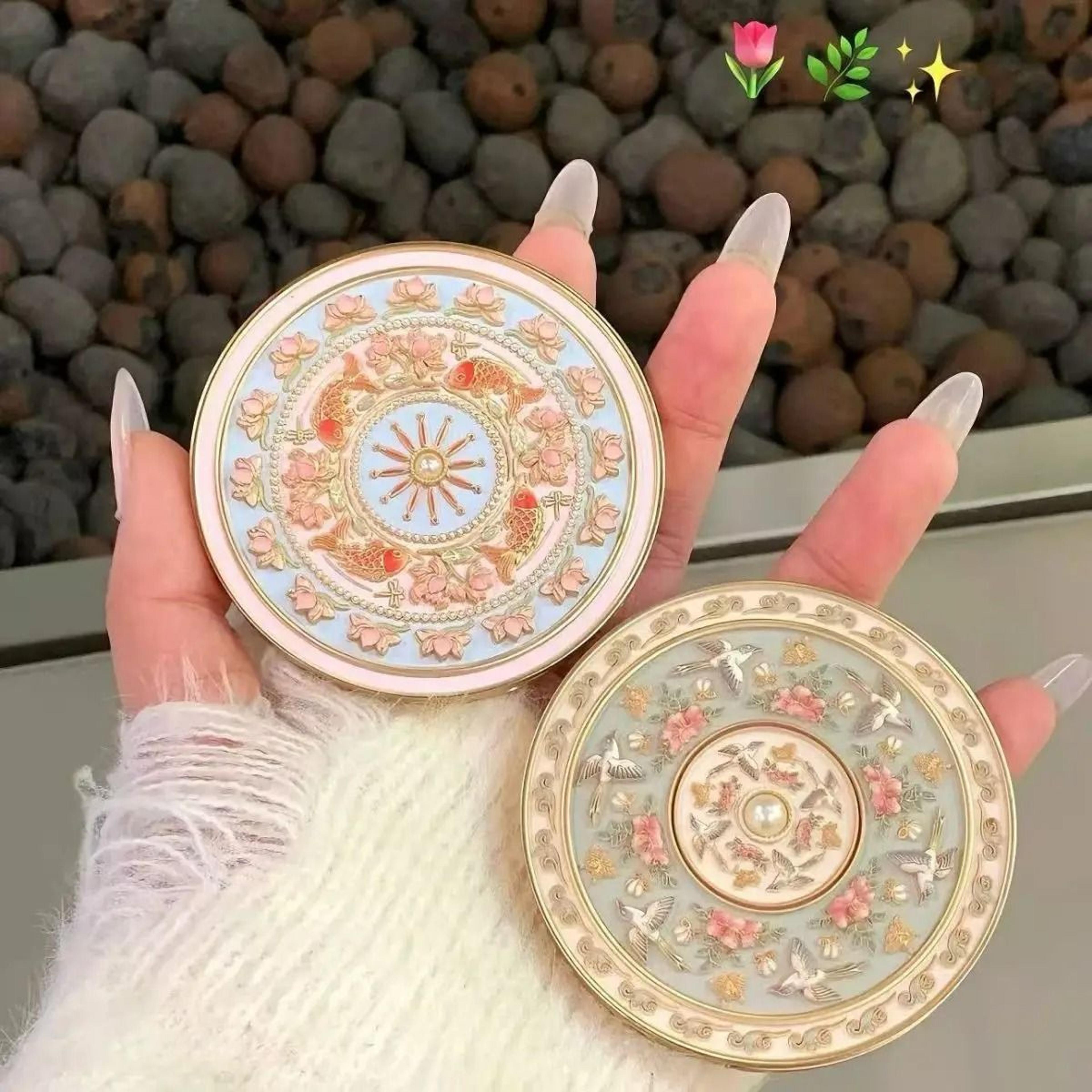 chinese cloisonne enamel sparrow & flower folding compact mirror