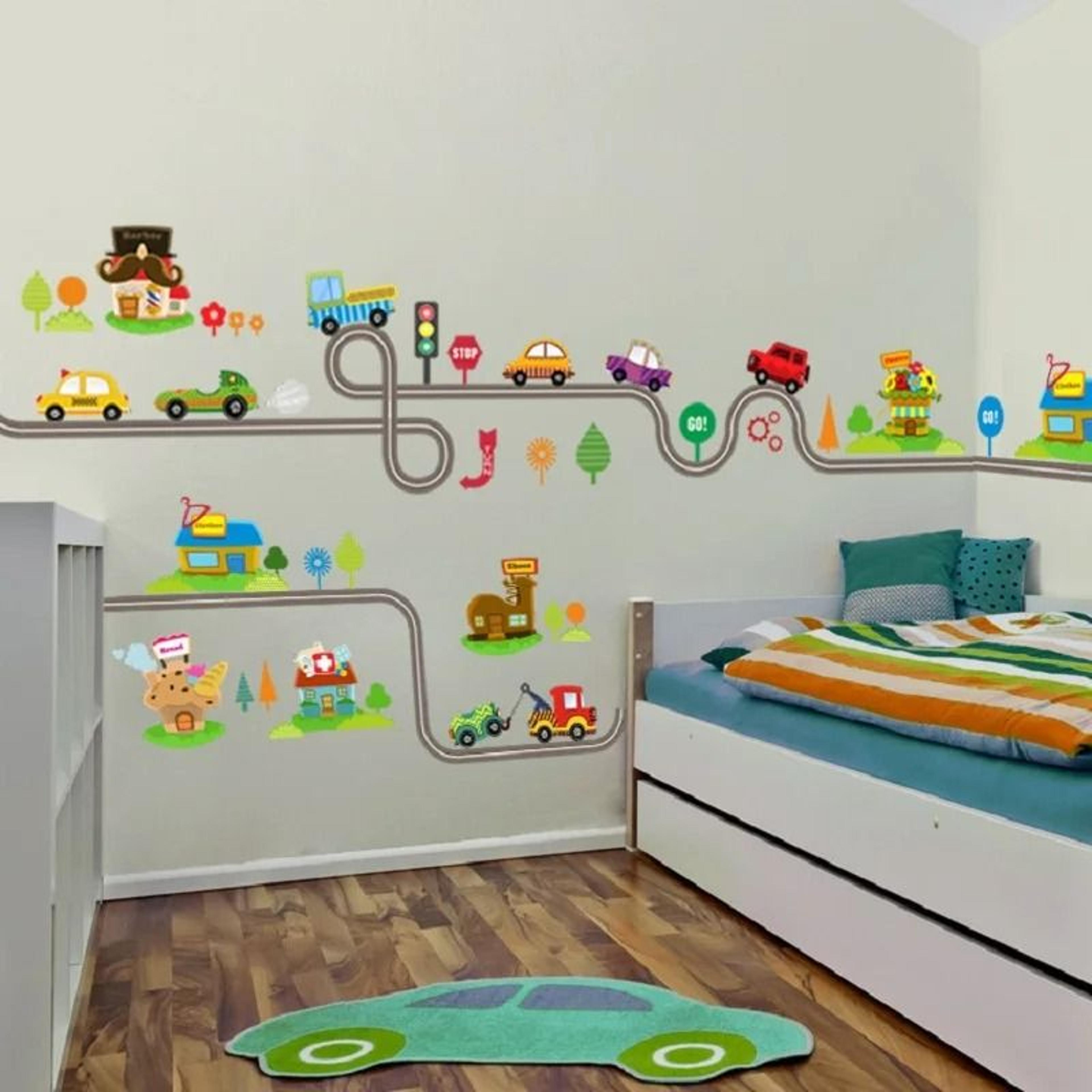 cartoon highway track & cars vinyl wall decal set