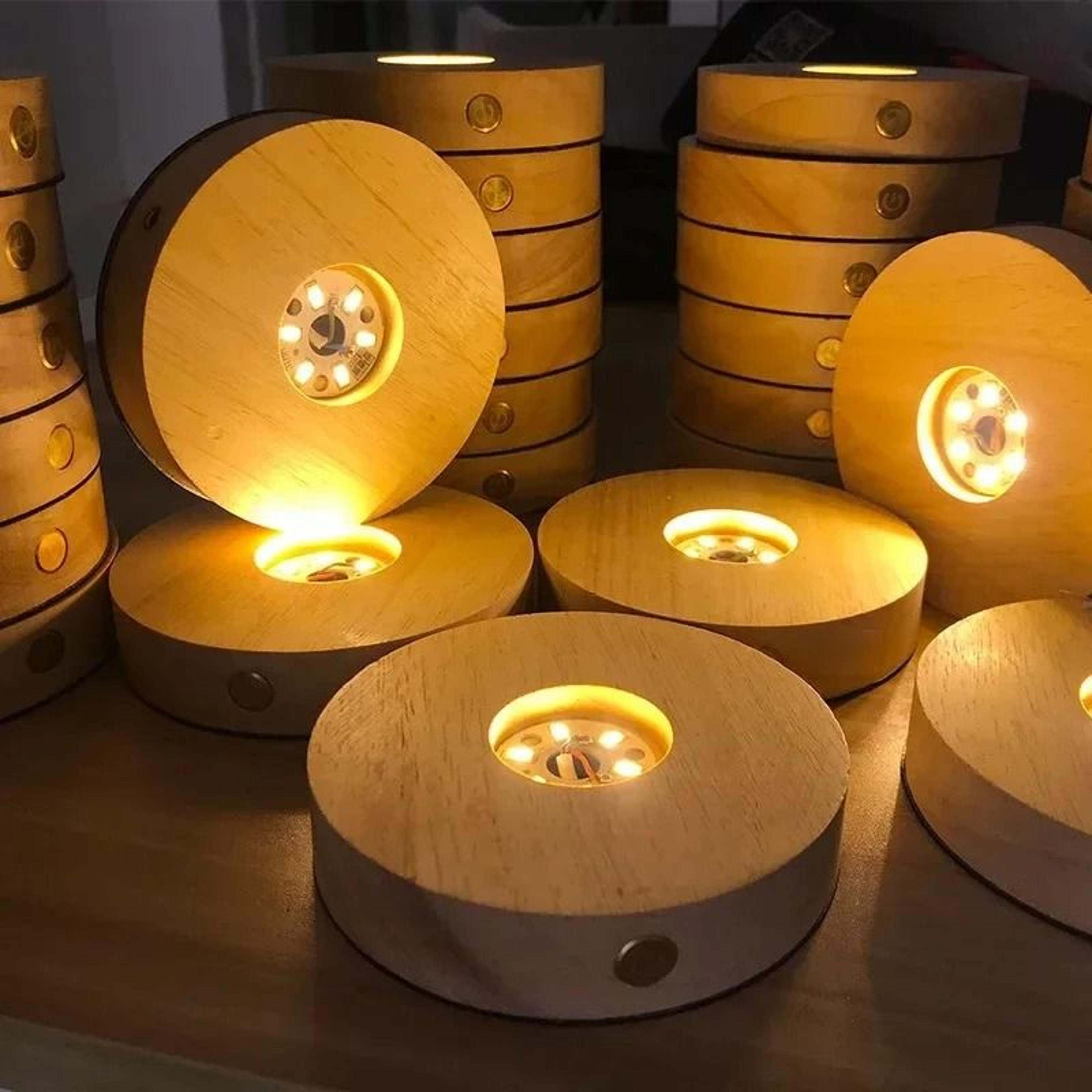 wireless round wooden led light base solid wood crystal display stand