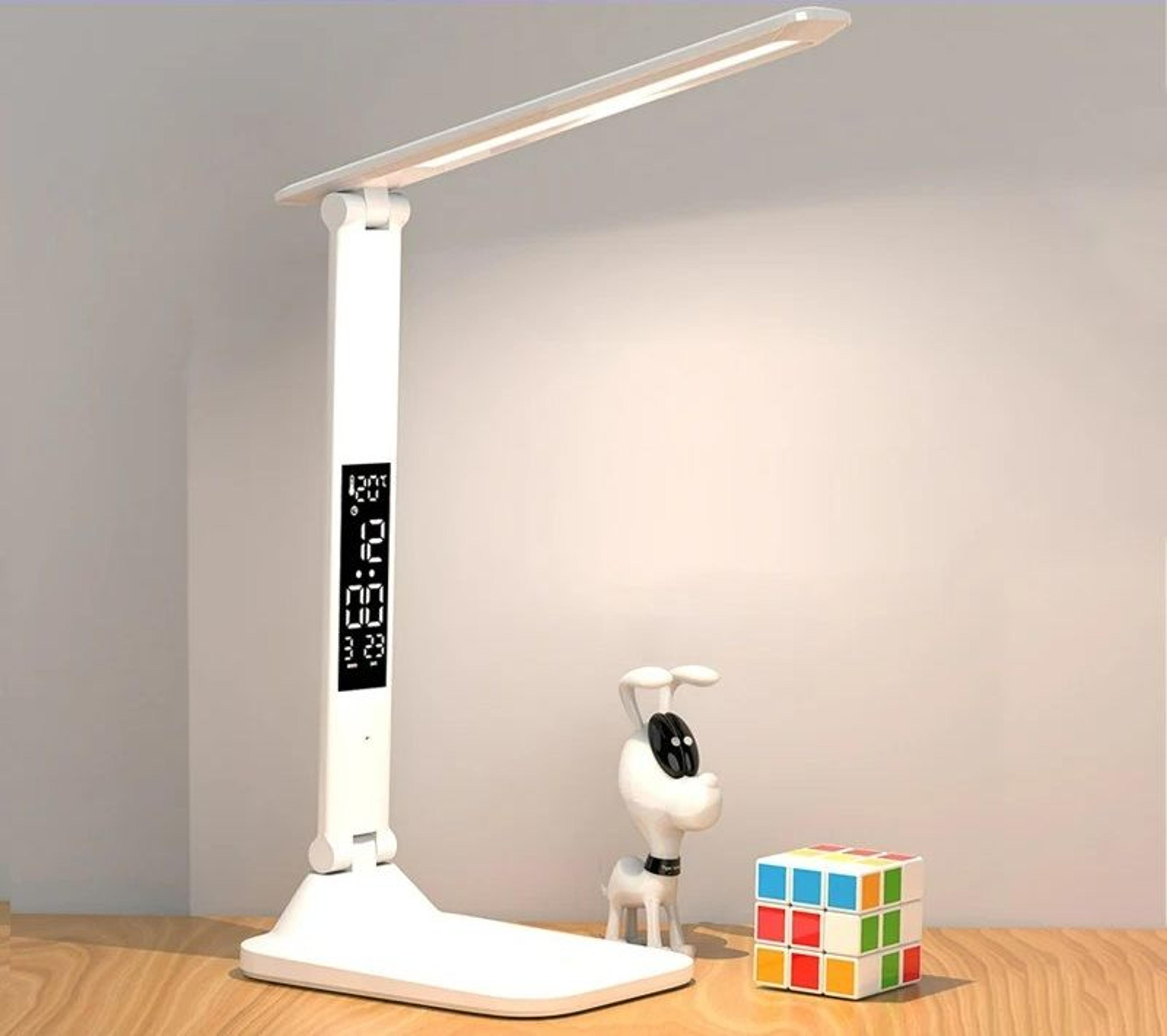 folding led desk lamp with clock, alarm & thermometer