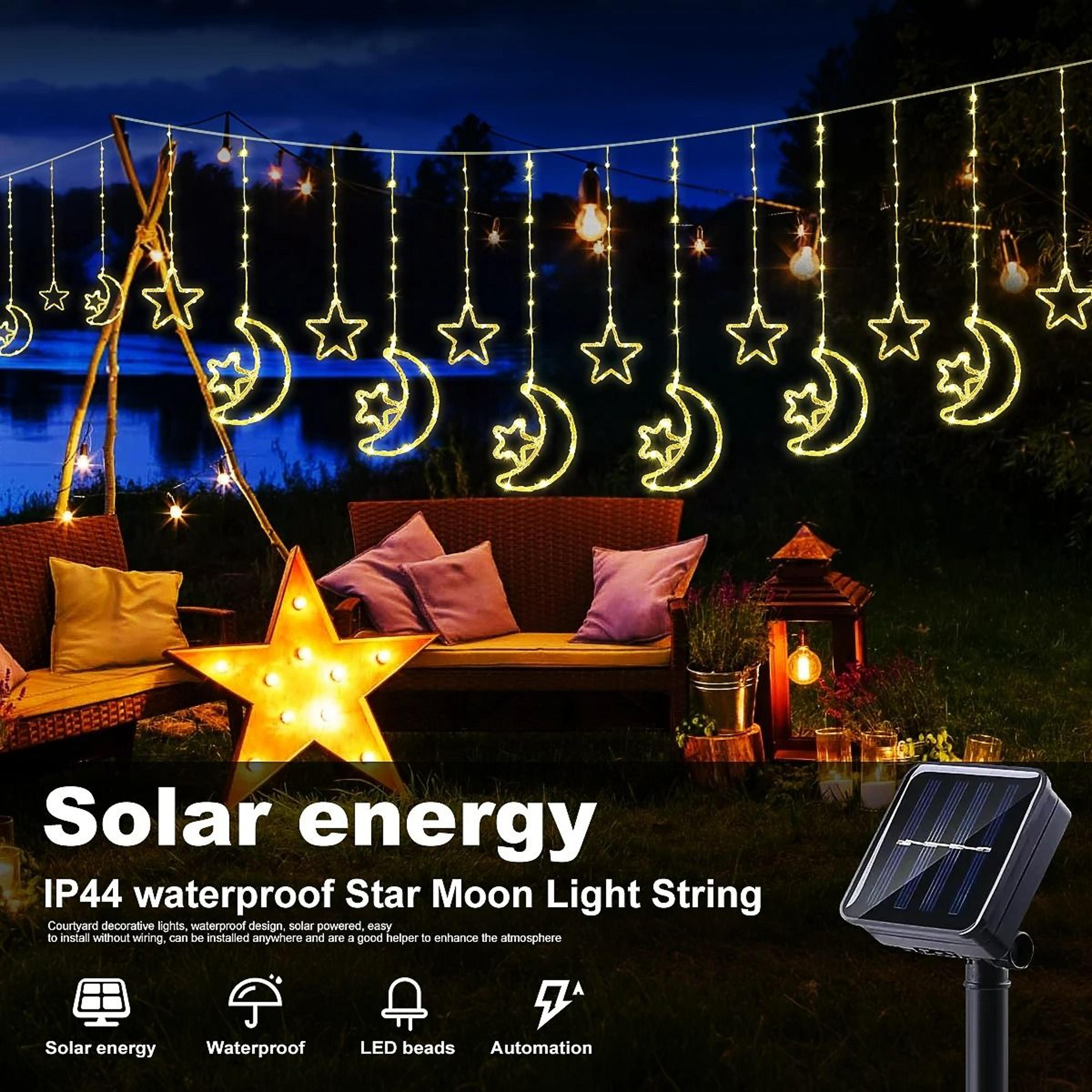 solar powered star & moon led curtain lights 8 modes outdoor hanging lights