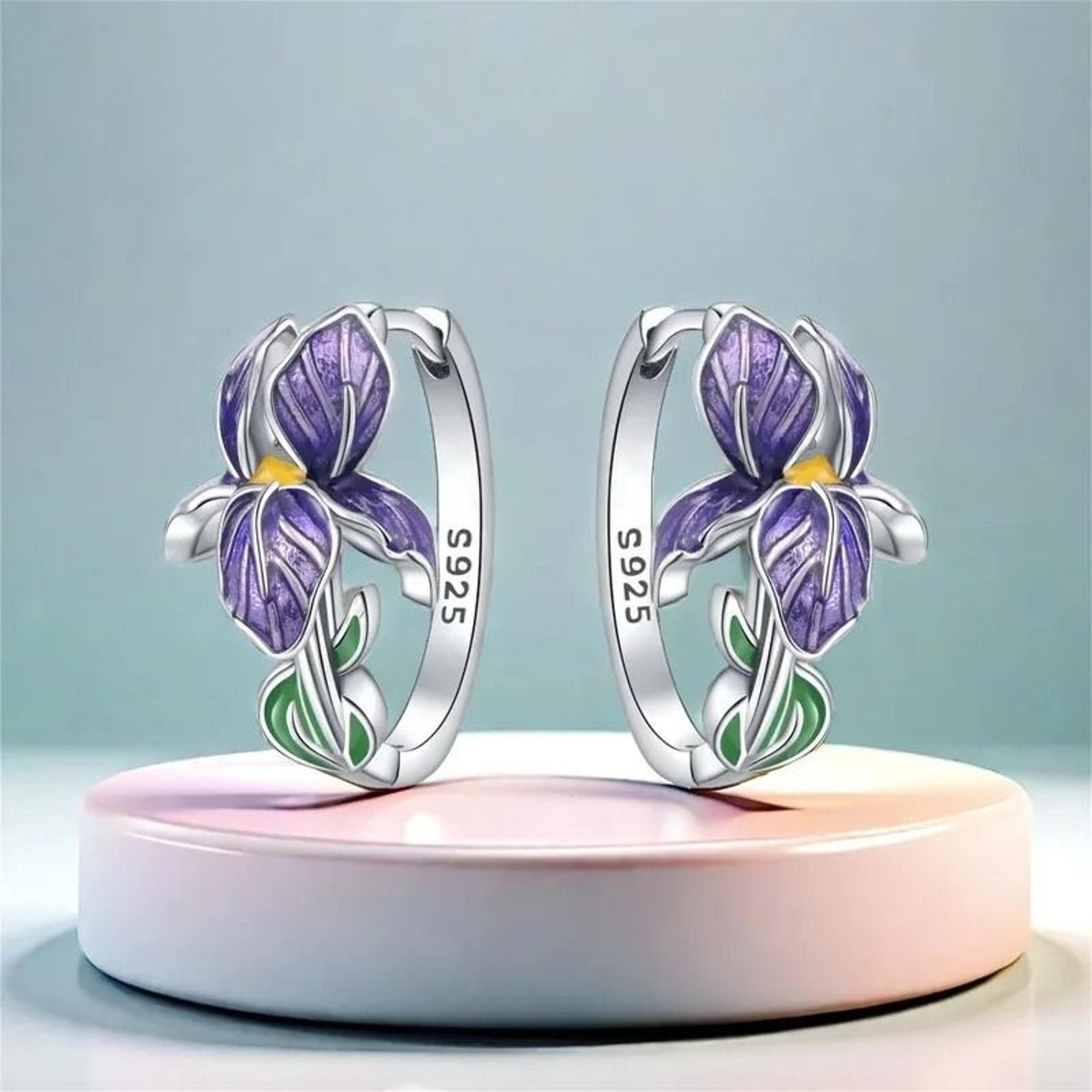 925 sterling silver purple iris flower drop earrings