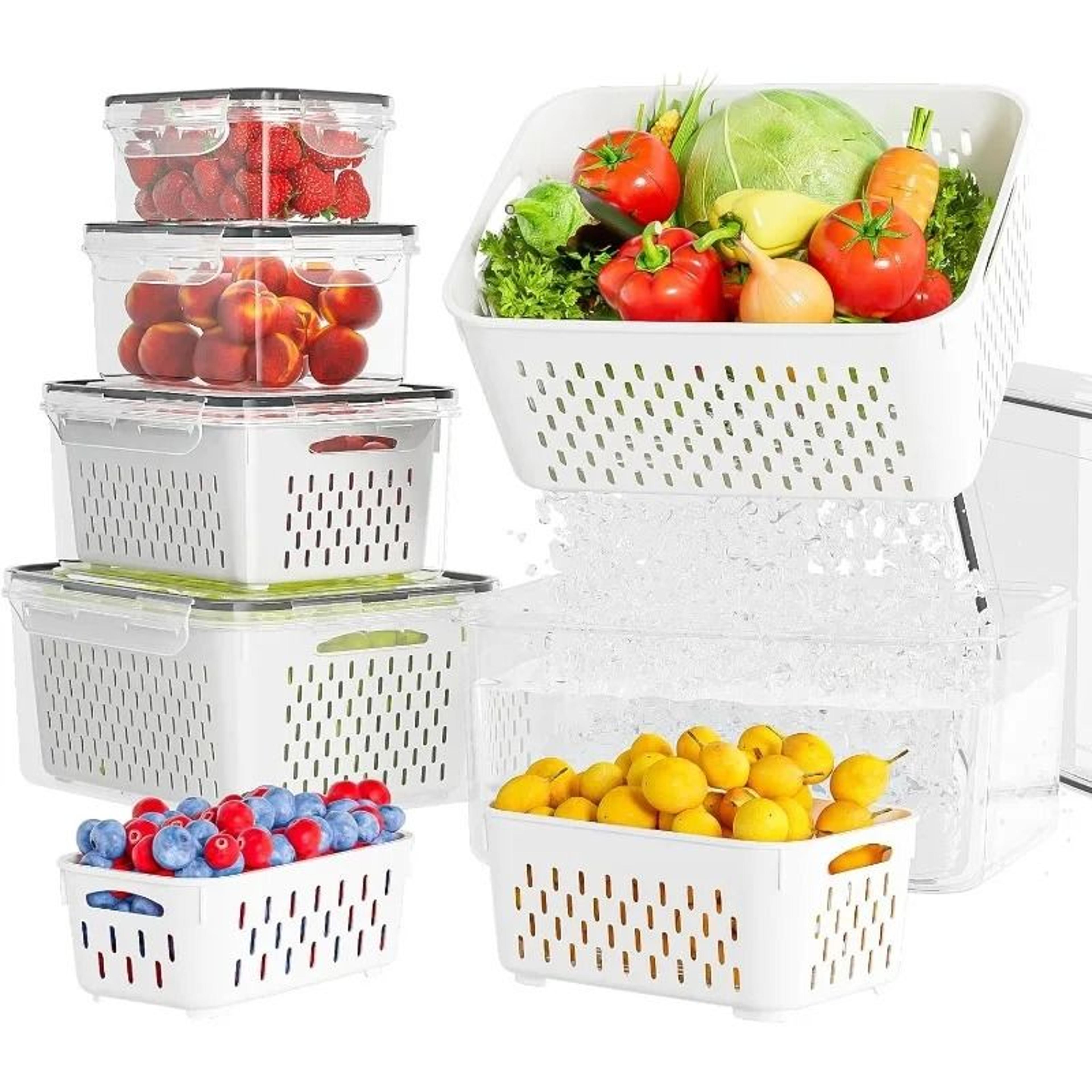 produce saver refrigerator container with strainer basket