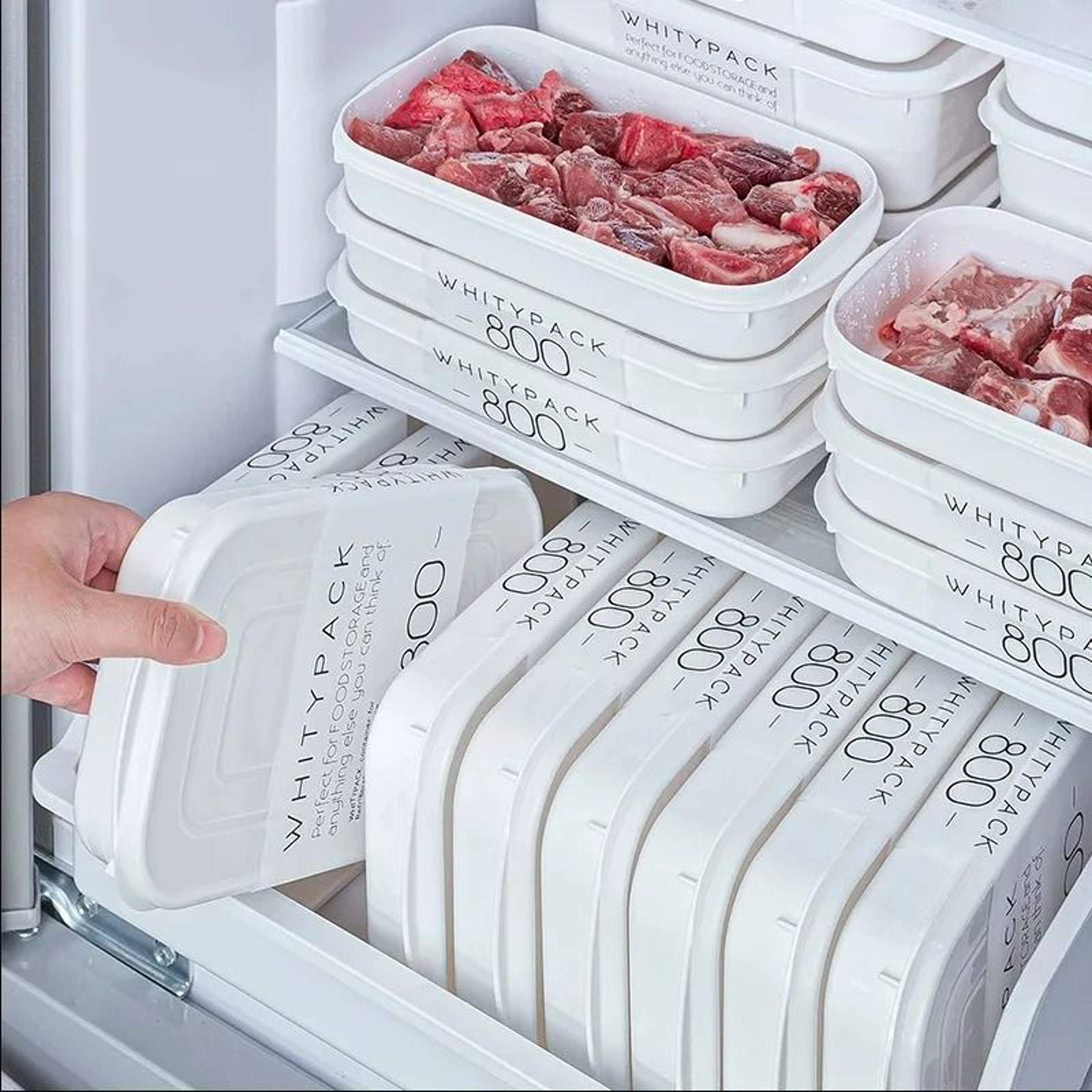 white refrigerator food storage and meat prep box