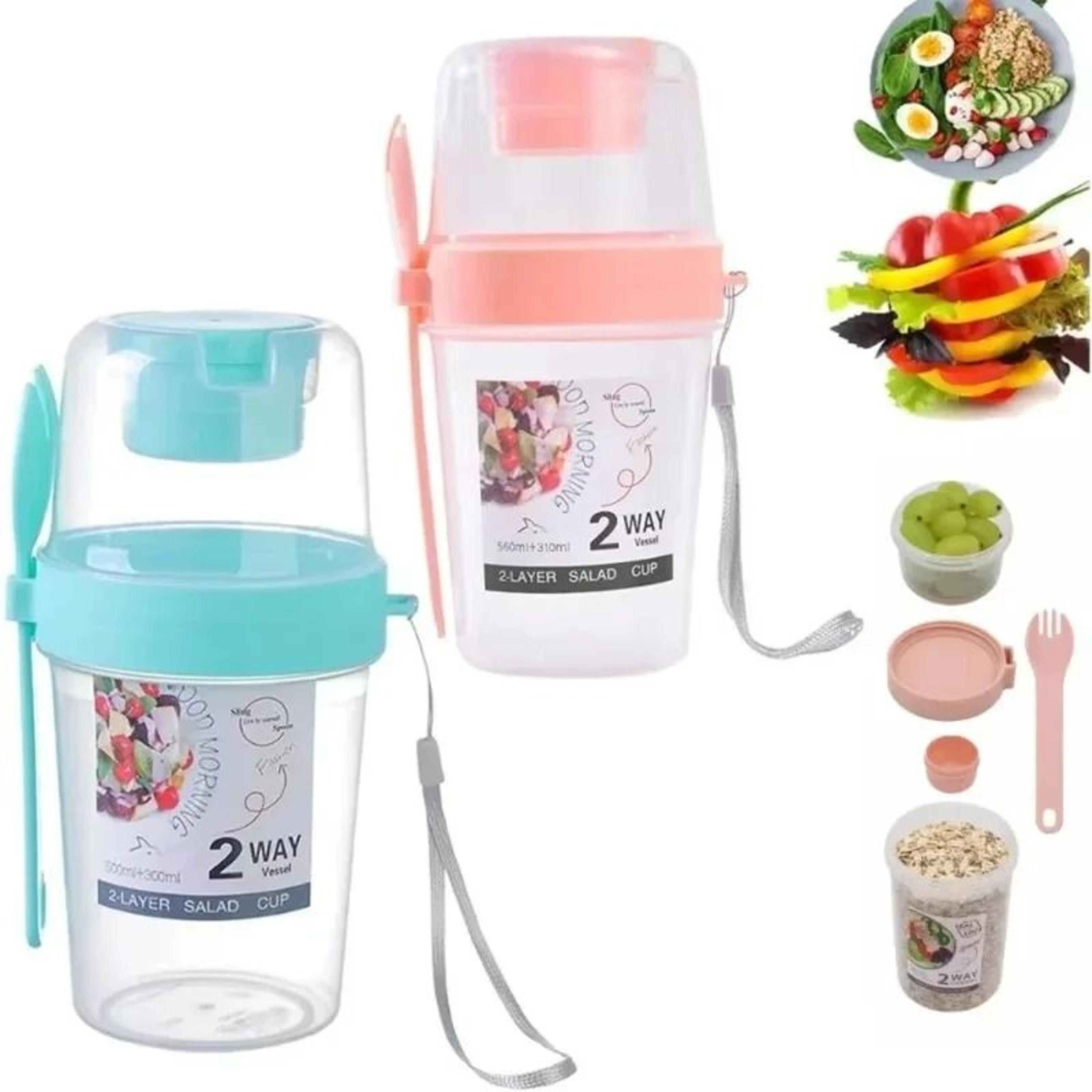 portable salad and oatmeal parfait cup with dressing holder and fork