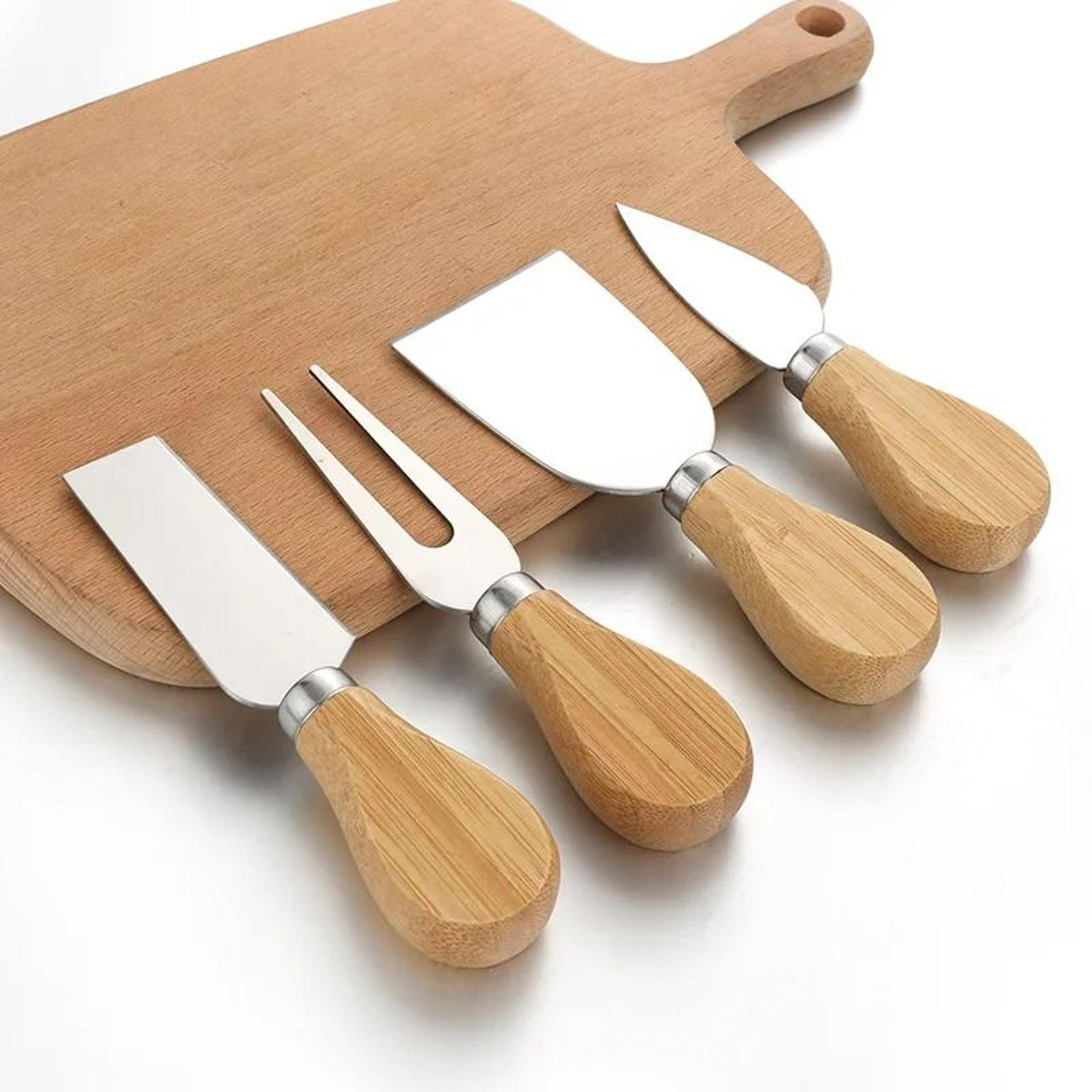 4-piece stainless steel cheese knife set with oak handles