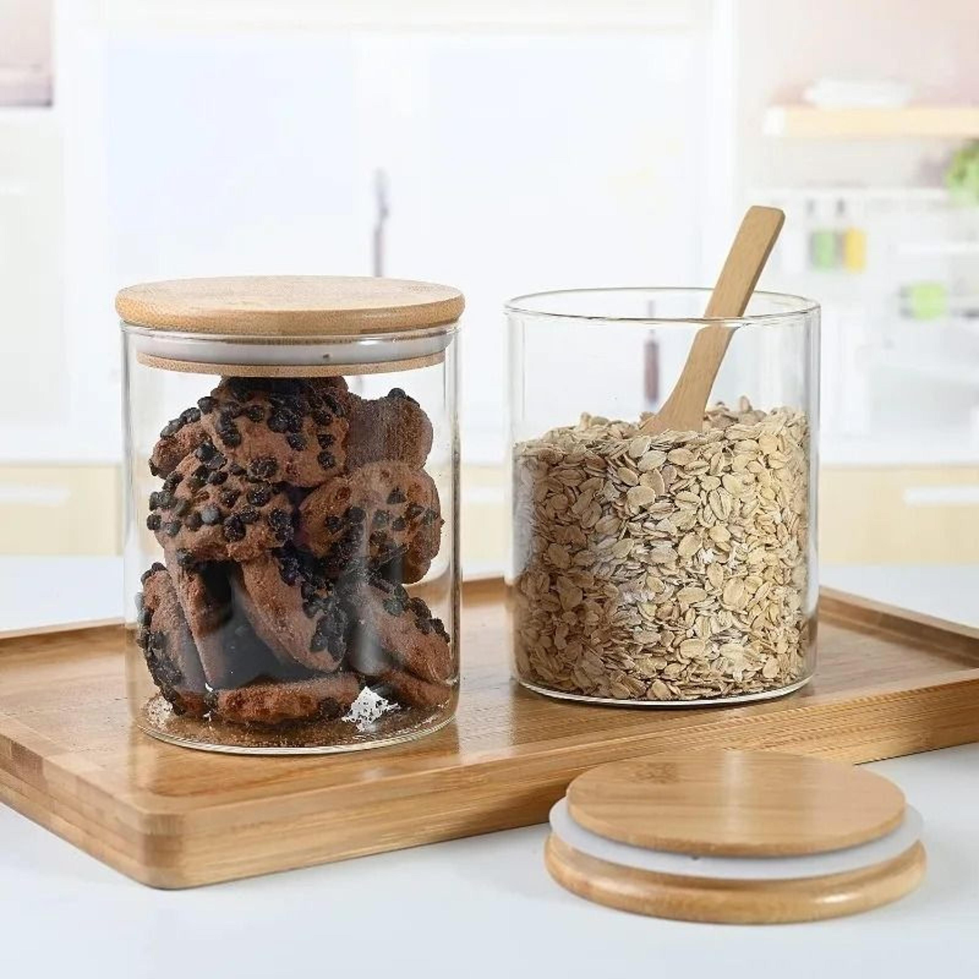 clear glass pantry storage jar with sealed wooden lid