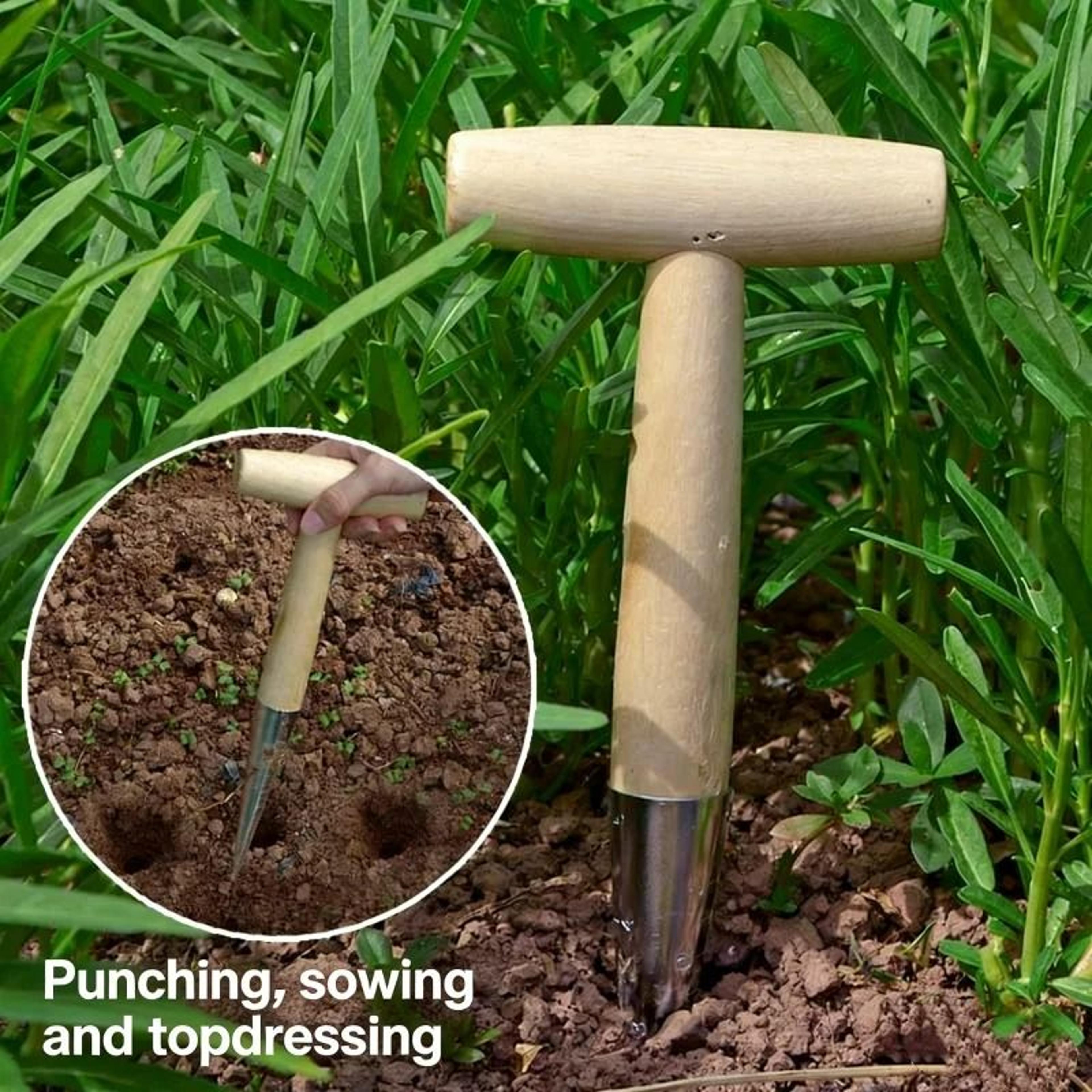handheld garden dibber hole puncher with wooden handle & measurement scale