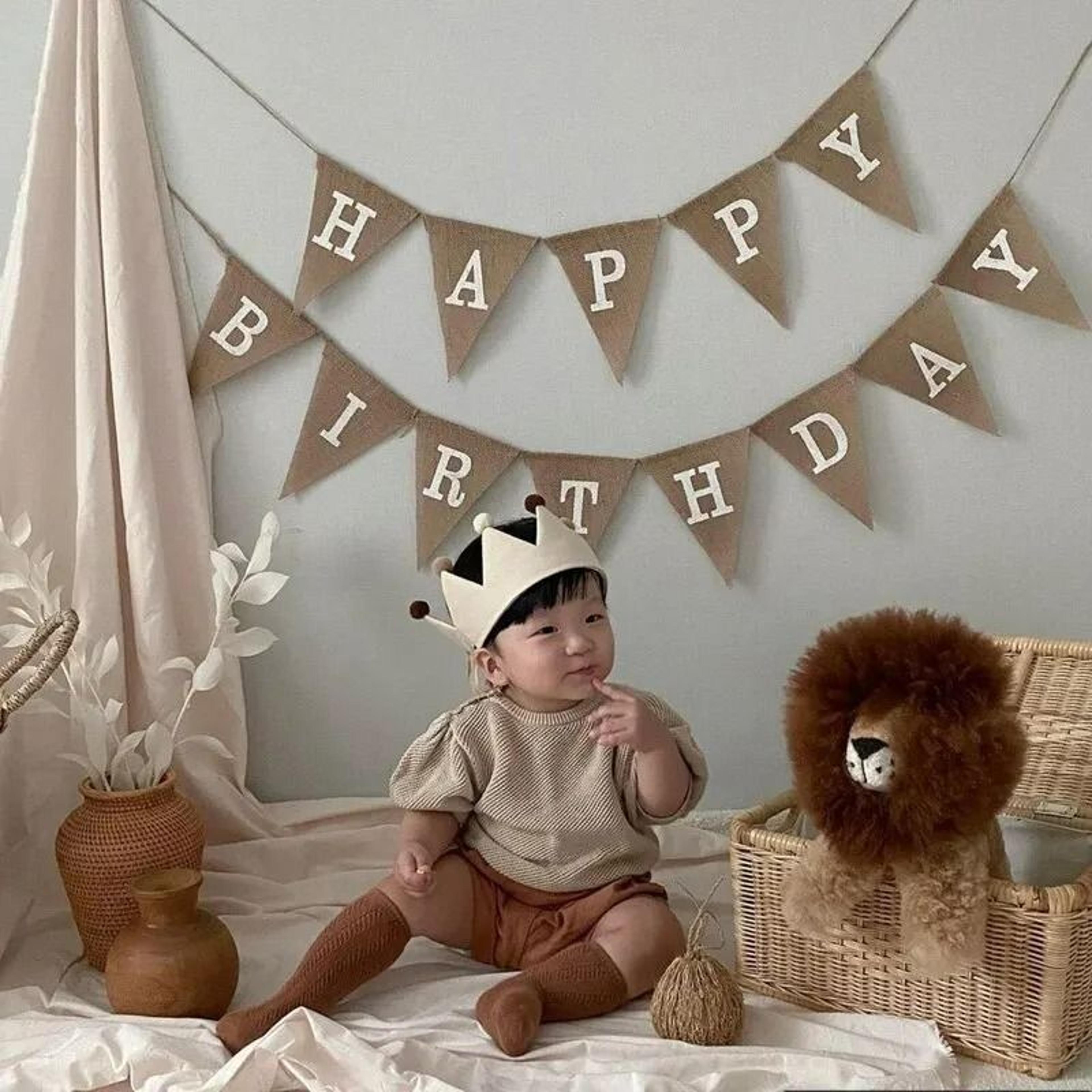 vintage jute hessian burlap "happy birthday" banner (13 flags)