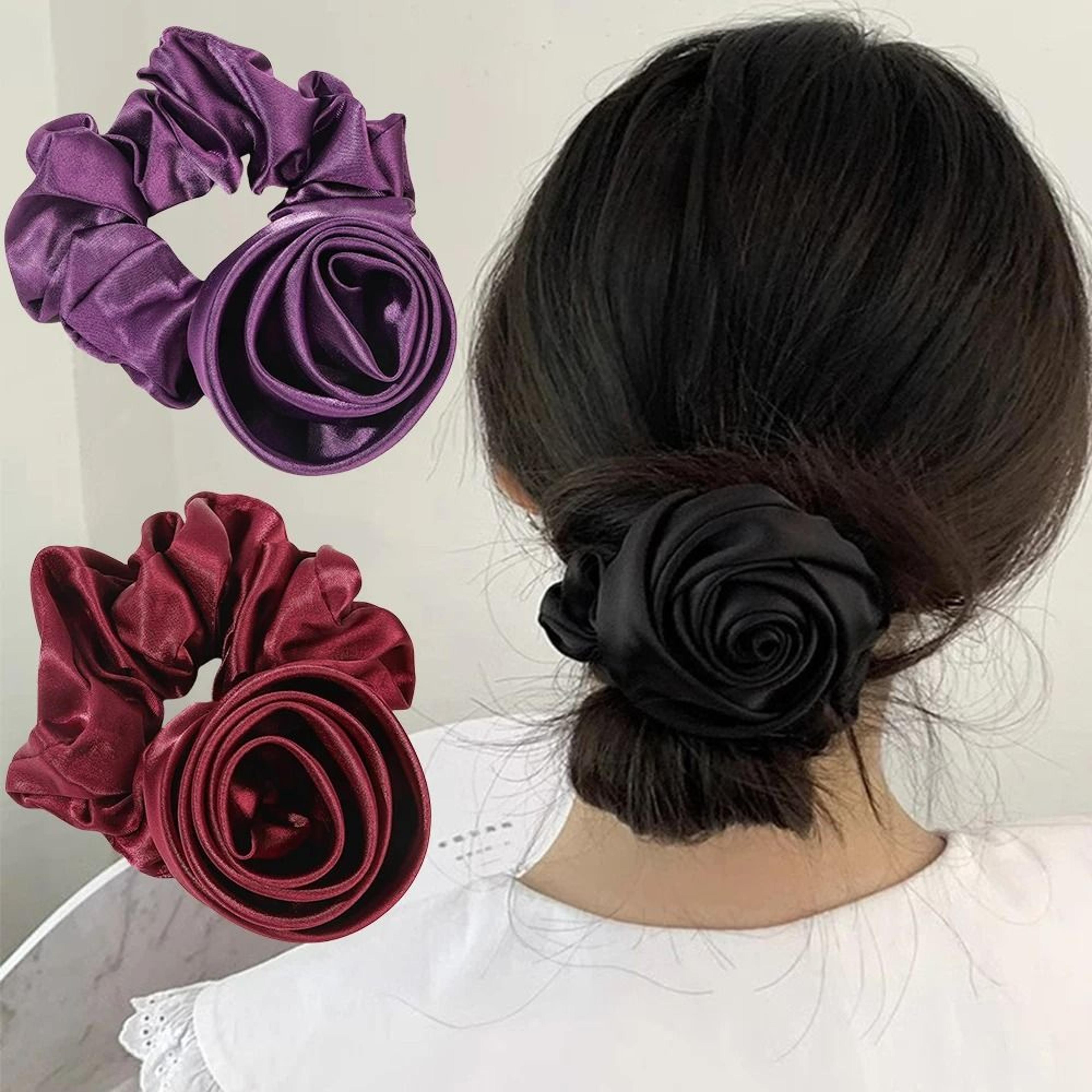 korean giant satin rose flower hair scrunchie & ponytail tie