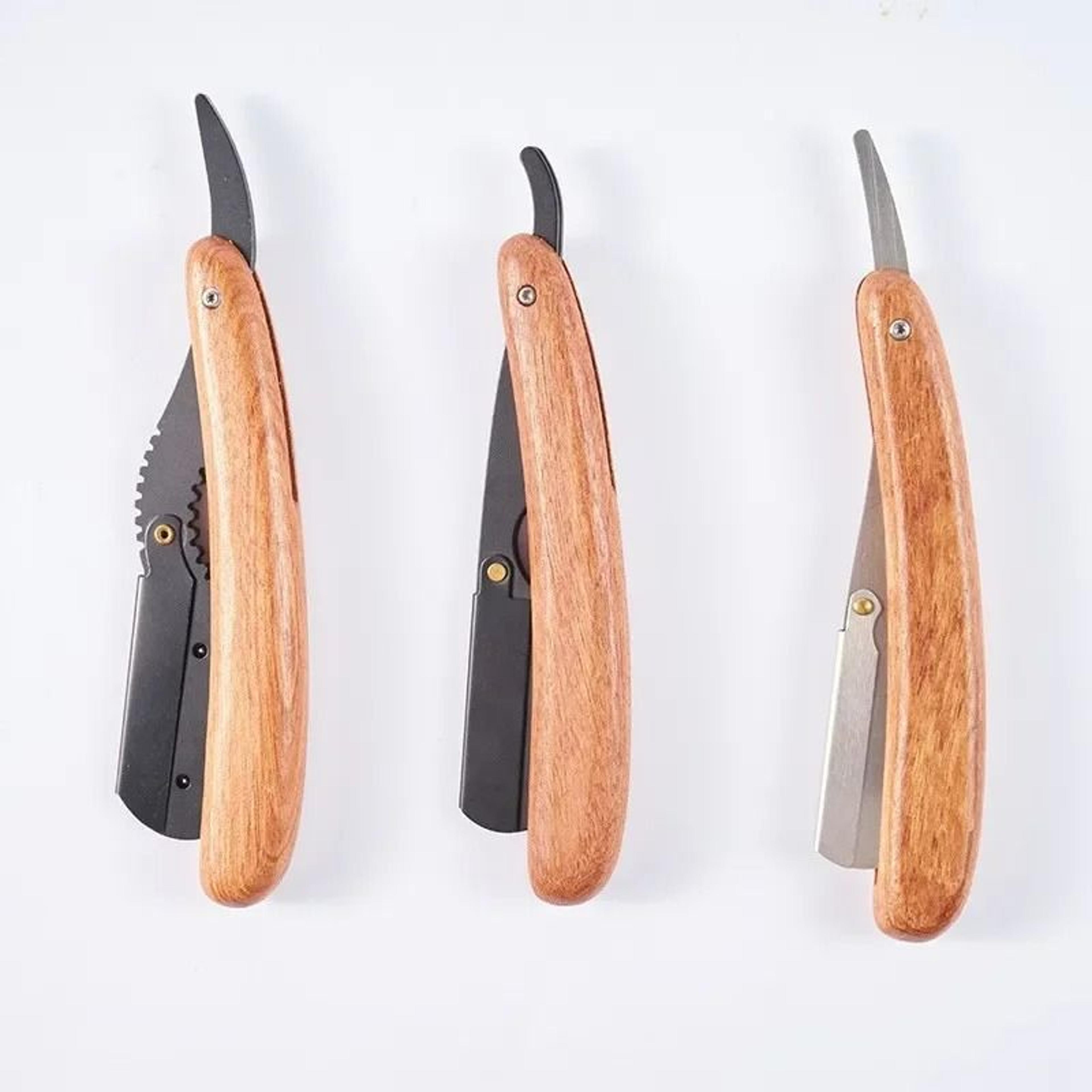 pear wood & stainless steel folding straight-edge barber razor