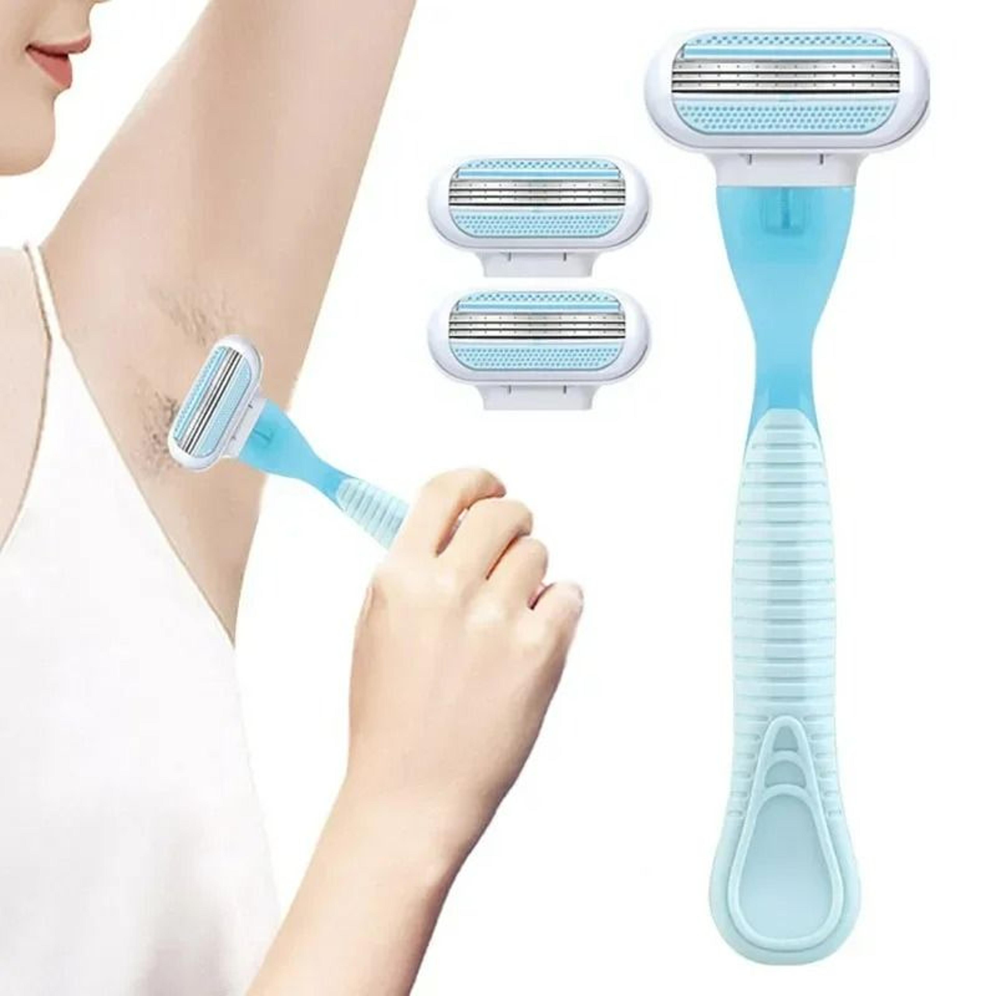 women's ergonomic 3-blade safety body razor with 4 replacement cartridges