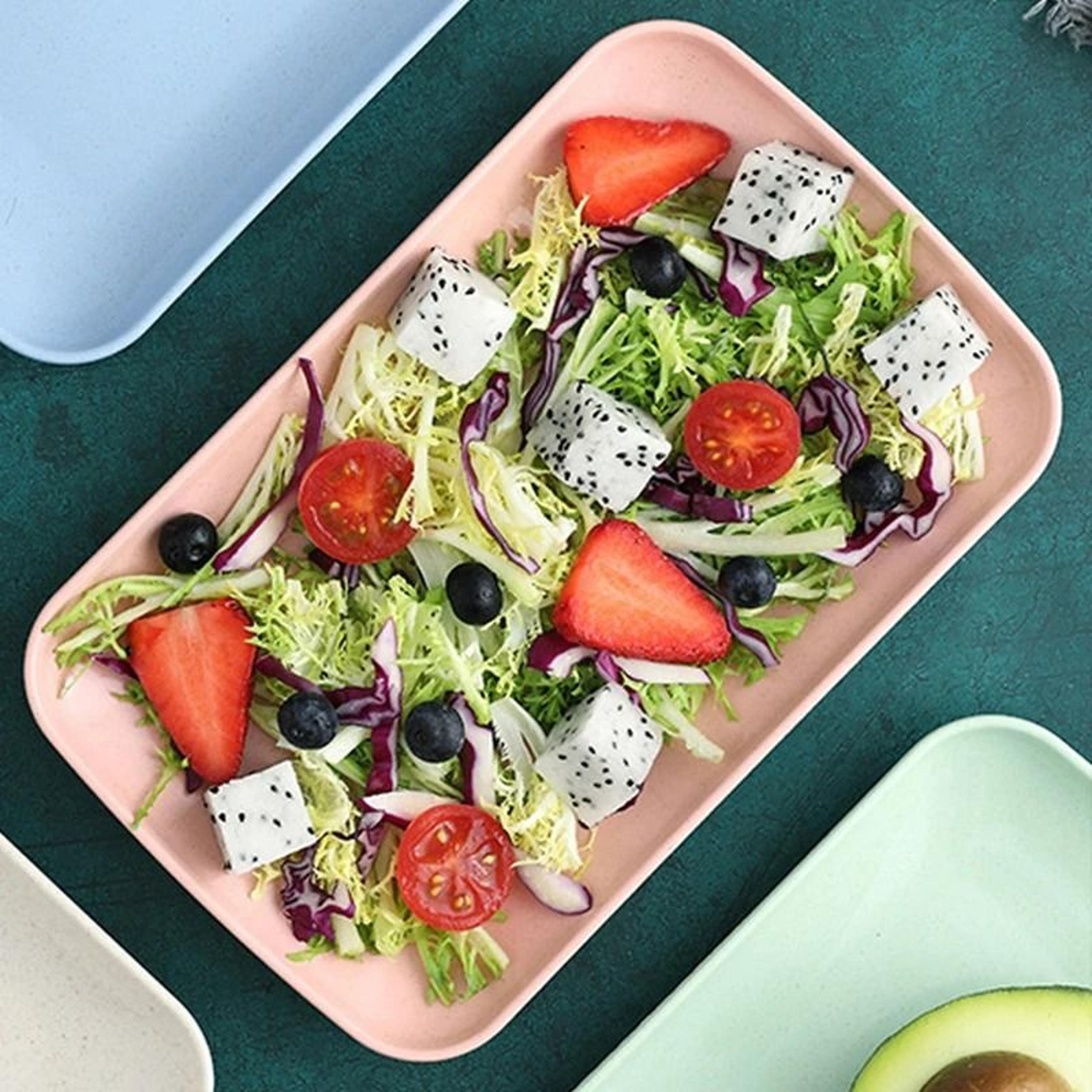 4-piece unbreakable rectangular wheat straw dessert & fruit plate set