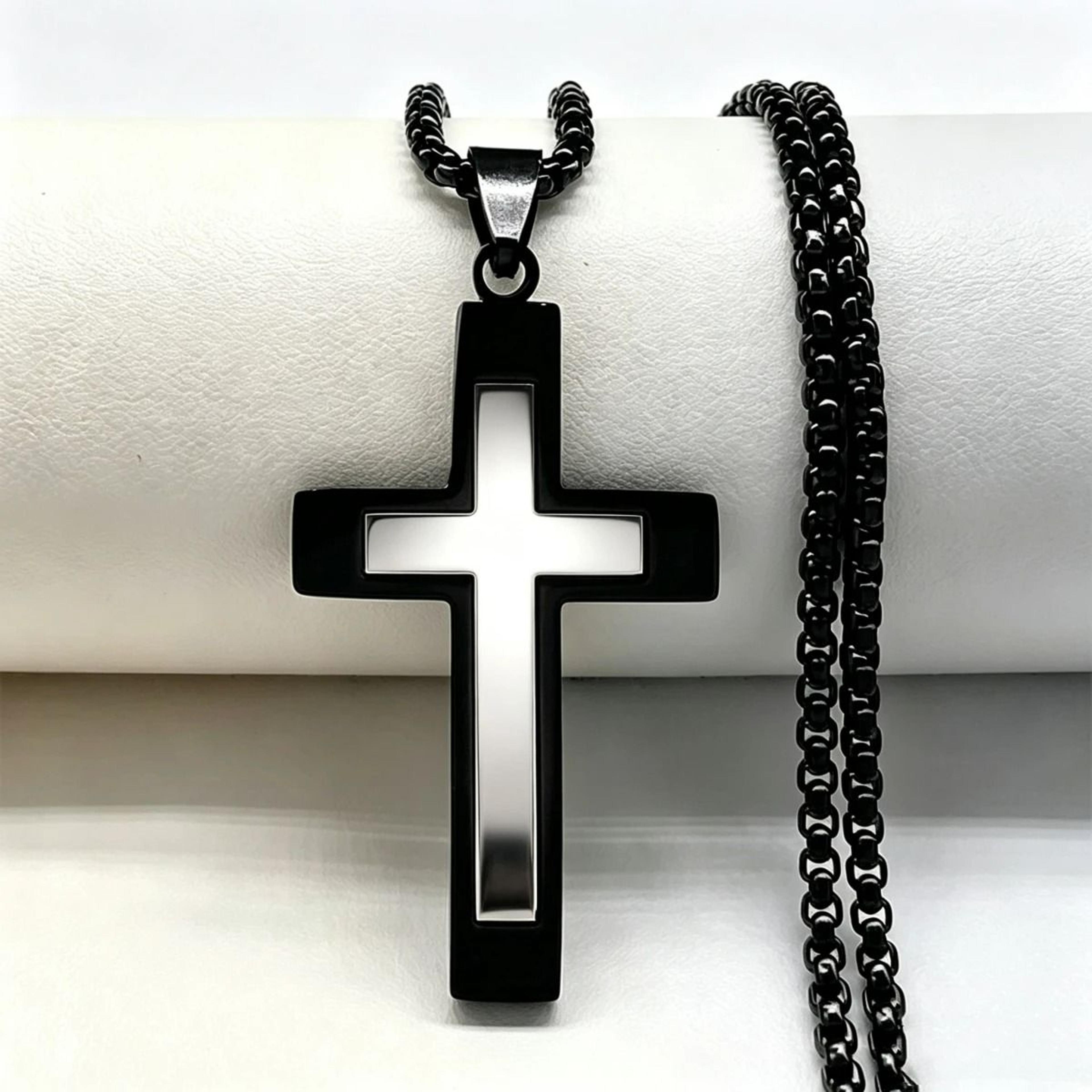 punk black stainless steel cross pendant chain necklace