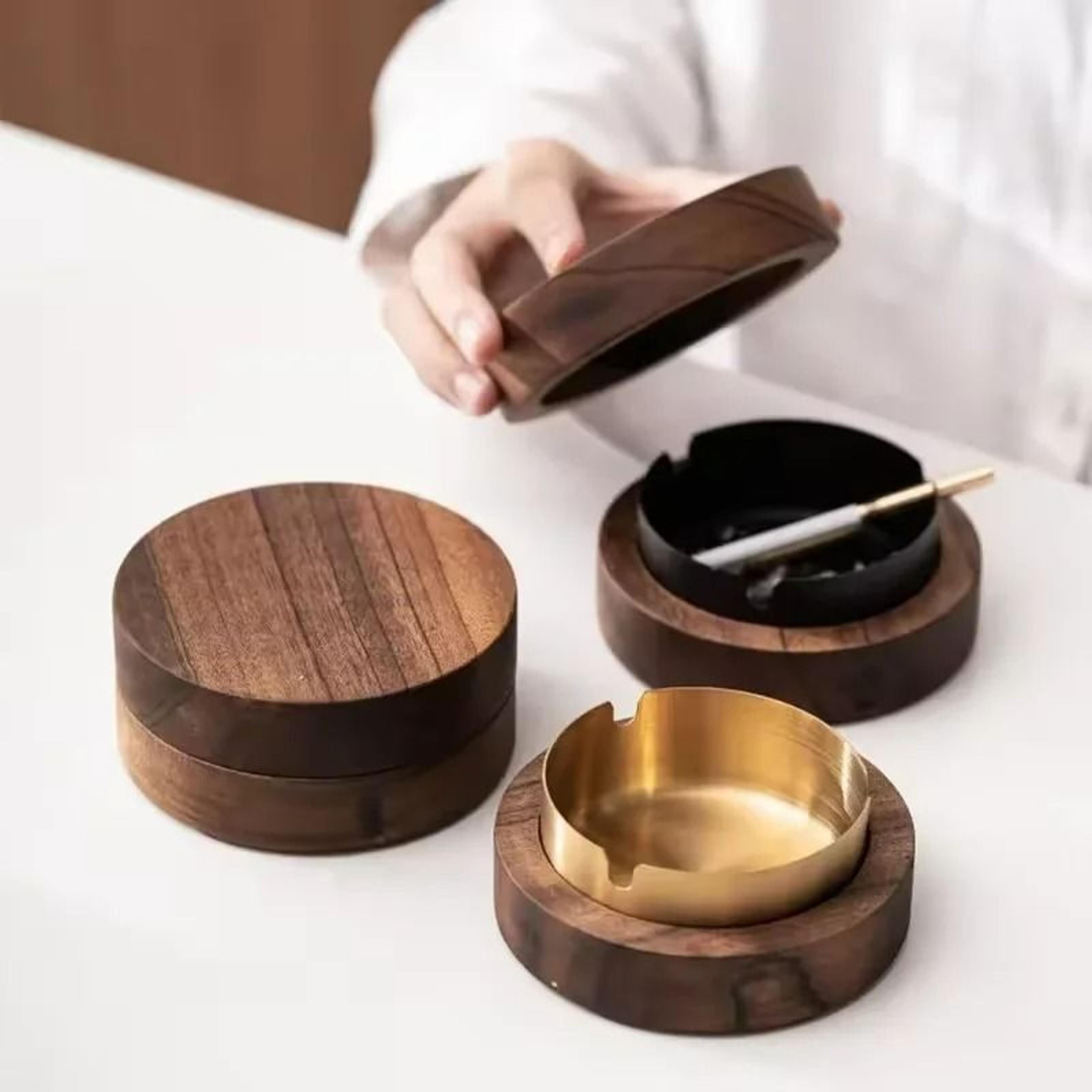 creative wooden ashtray with lid & stainless steel liner