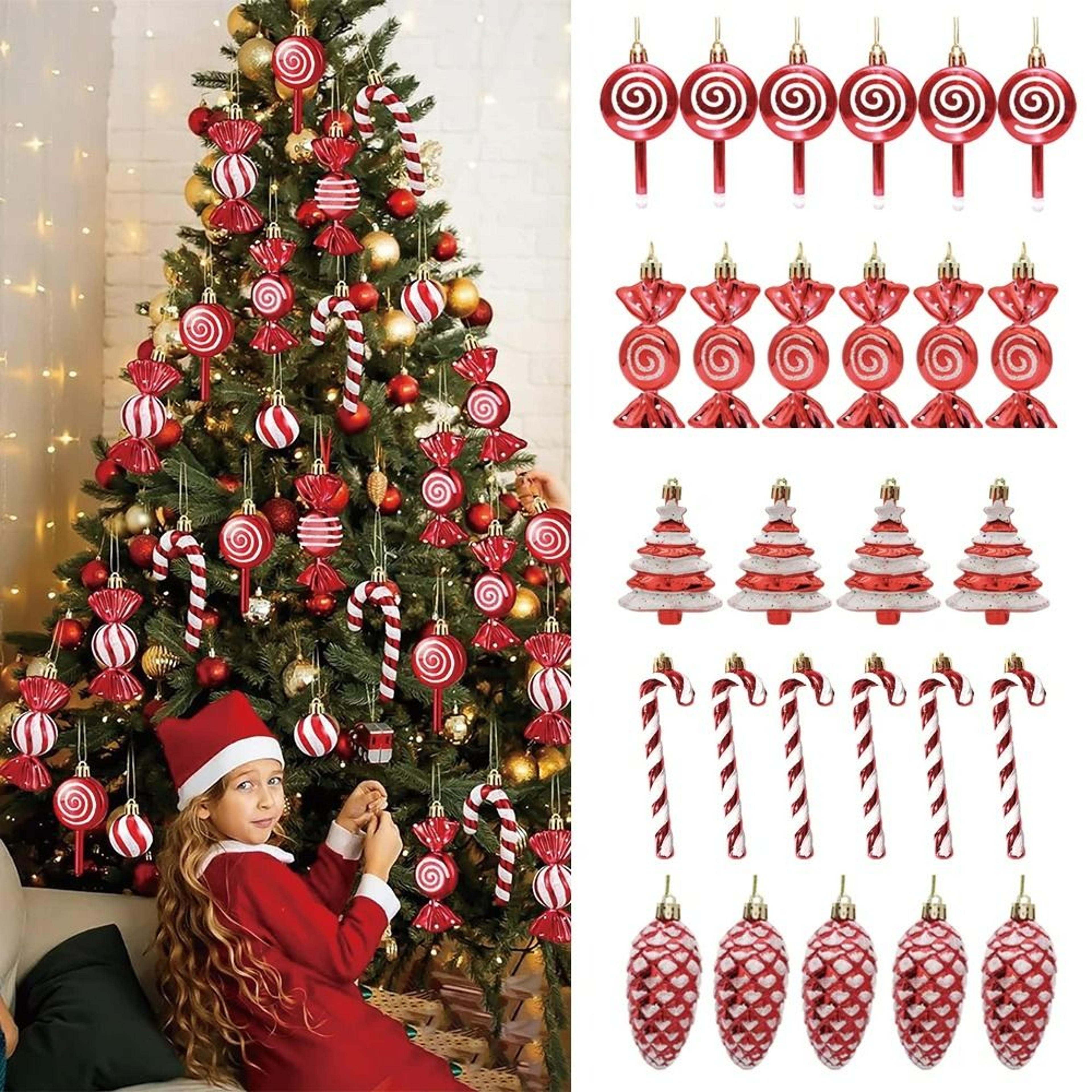 red & gold christmas tree candy cane & pine cone ornaments