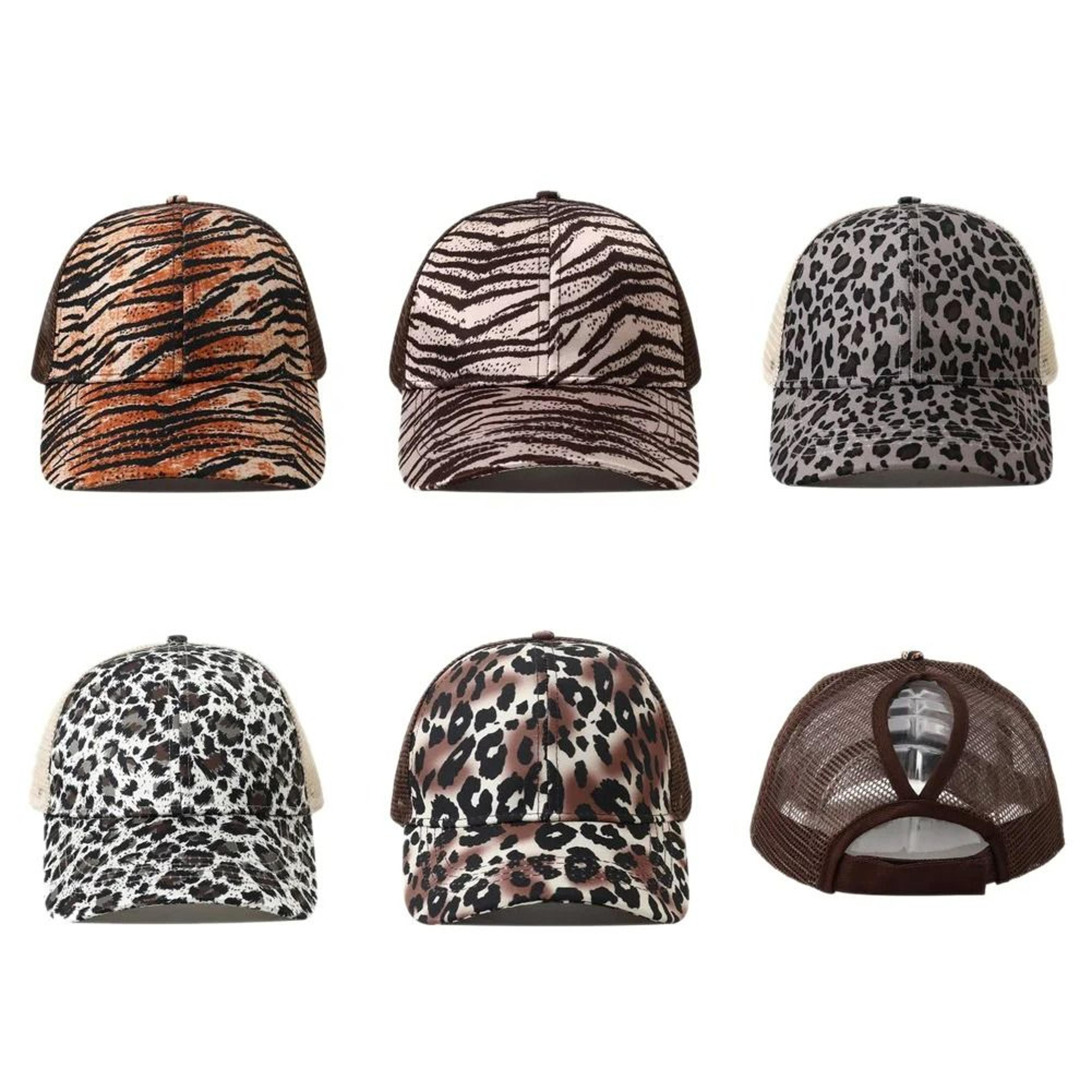 women's leopard print high ponytail breathable mesh trucker hat