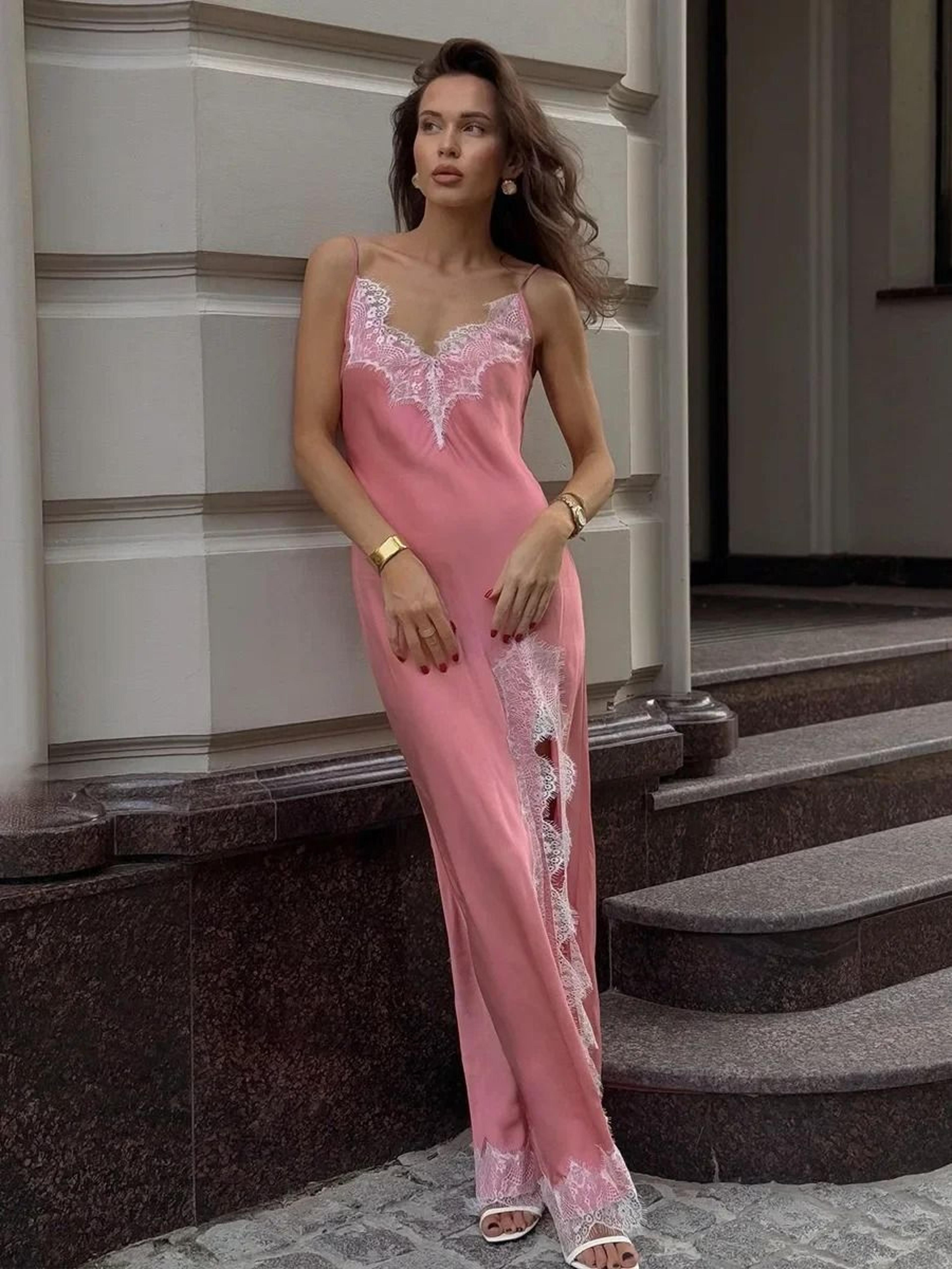 satin lace trim camisole maxi dress with side slit