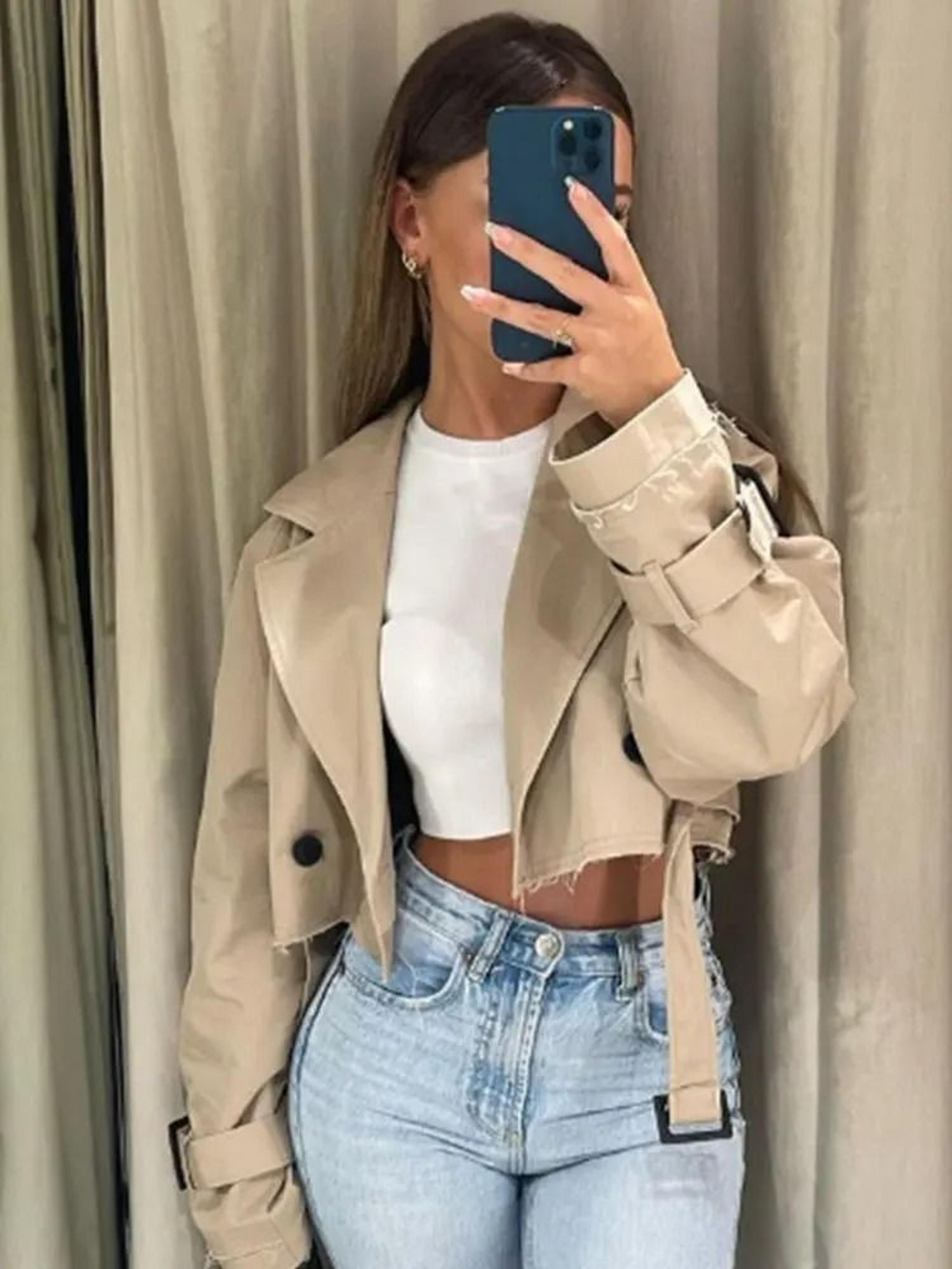 double-breasted belted cropped trench jacket