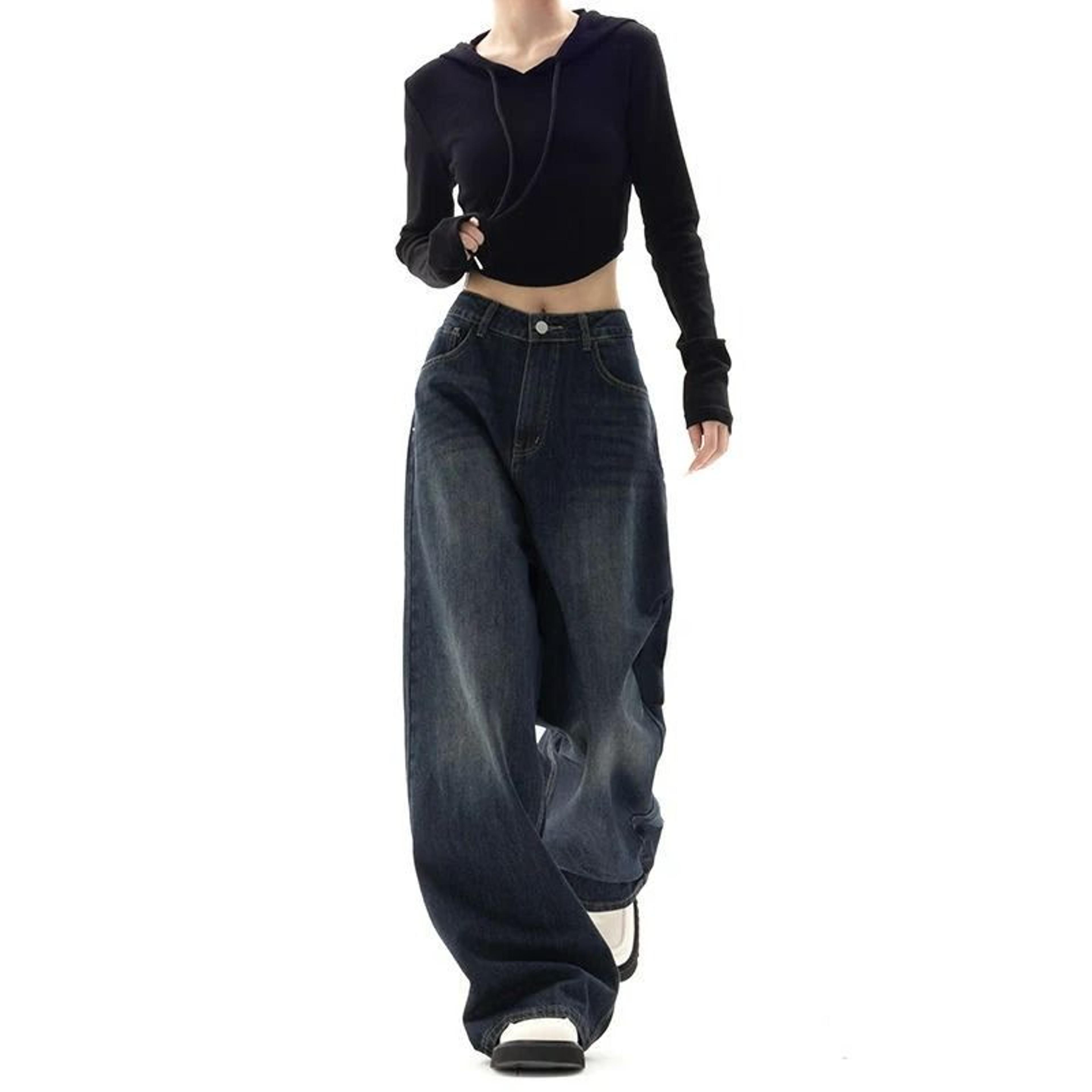 women's high-waisted wide-leg retro streetwear jeans