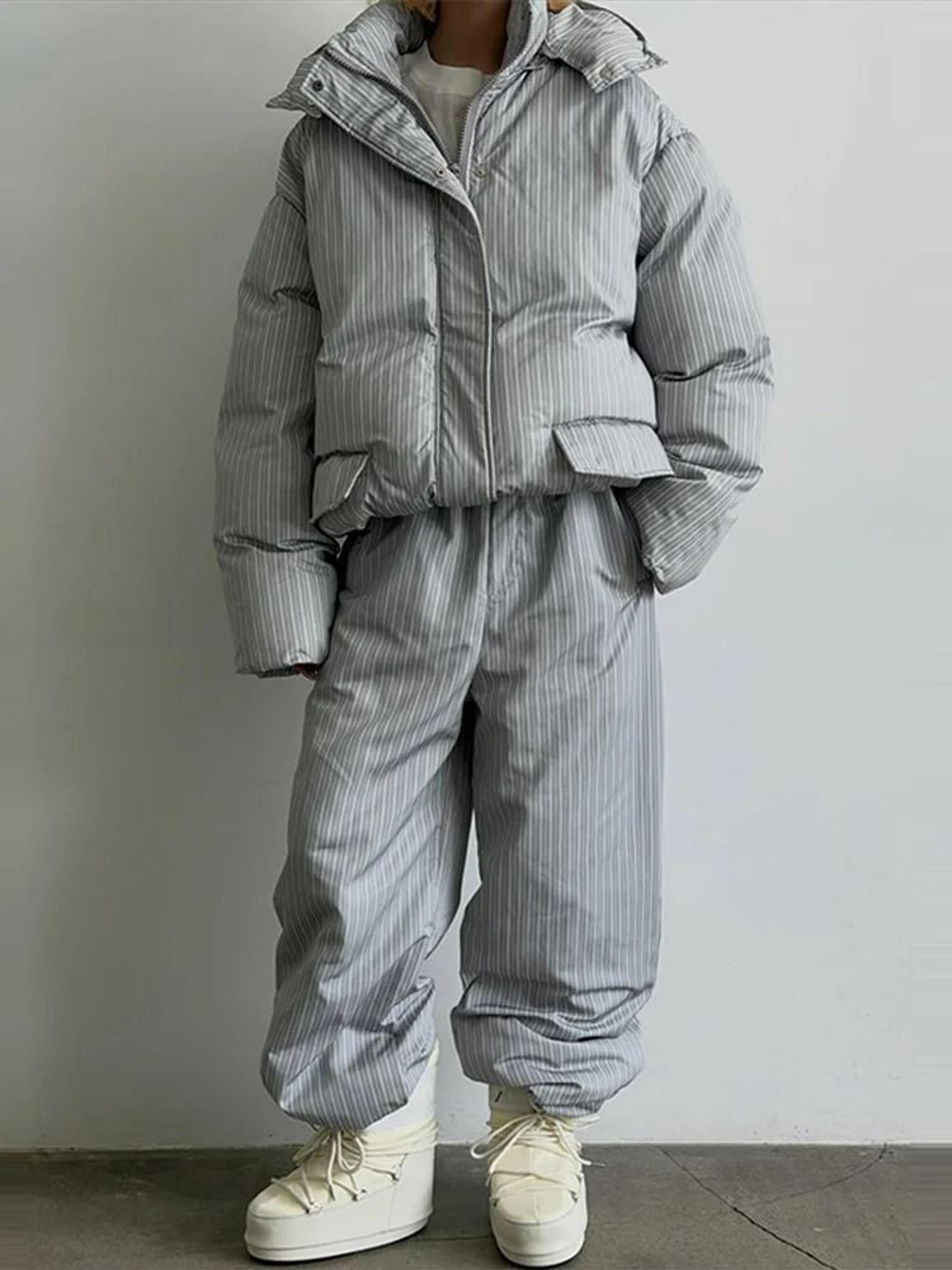 women's stand collar hooded quilted coat & long pants set