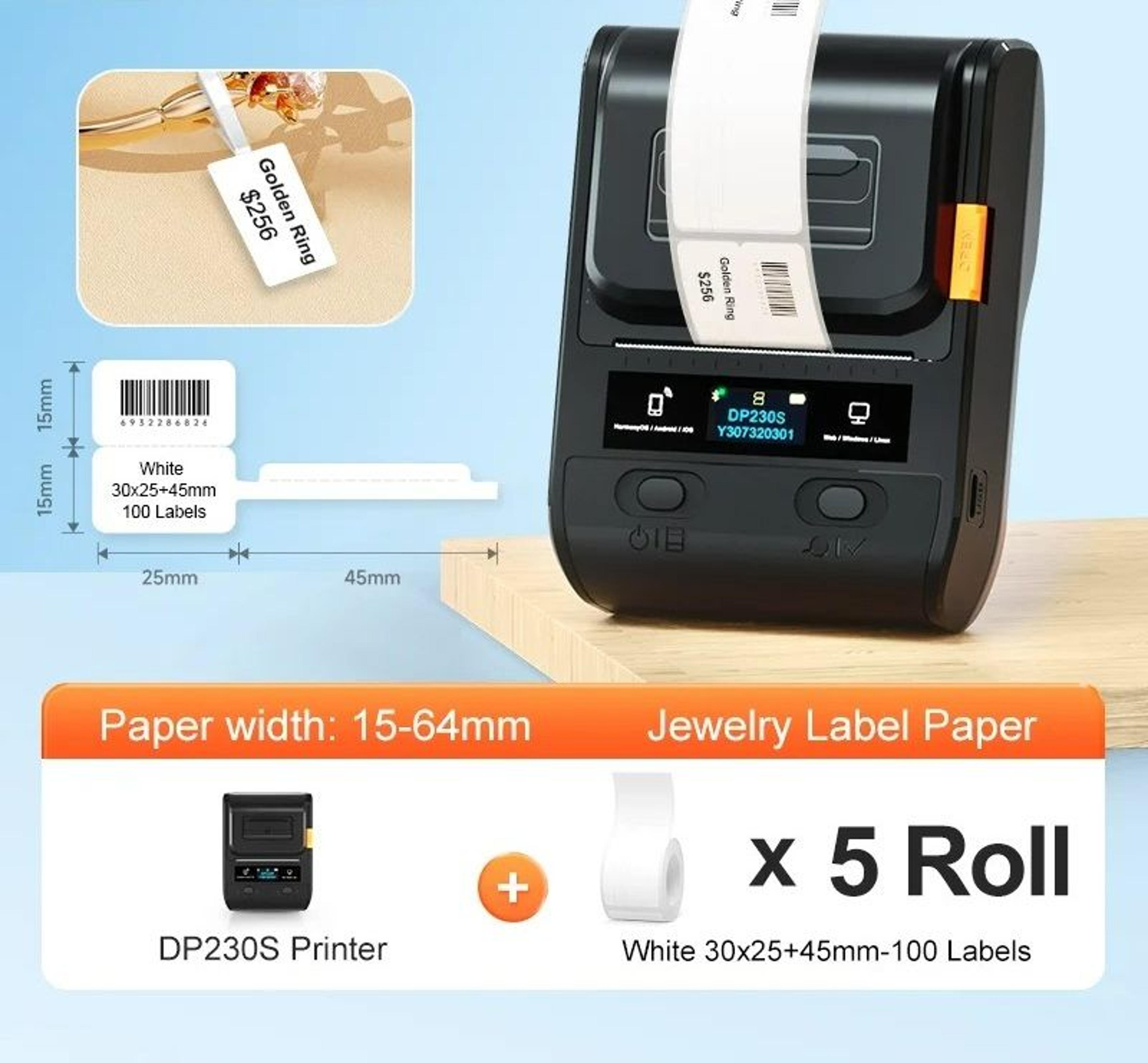 wireless thermal label printer kit (15–64mm / 0.59–2.52 in / 5 rolls included)