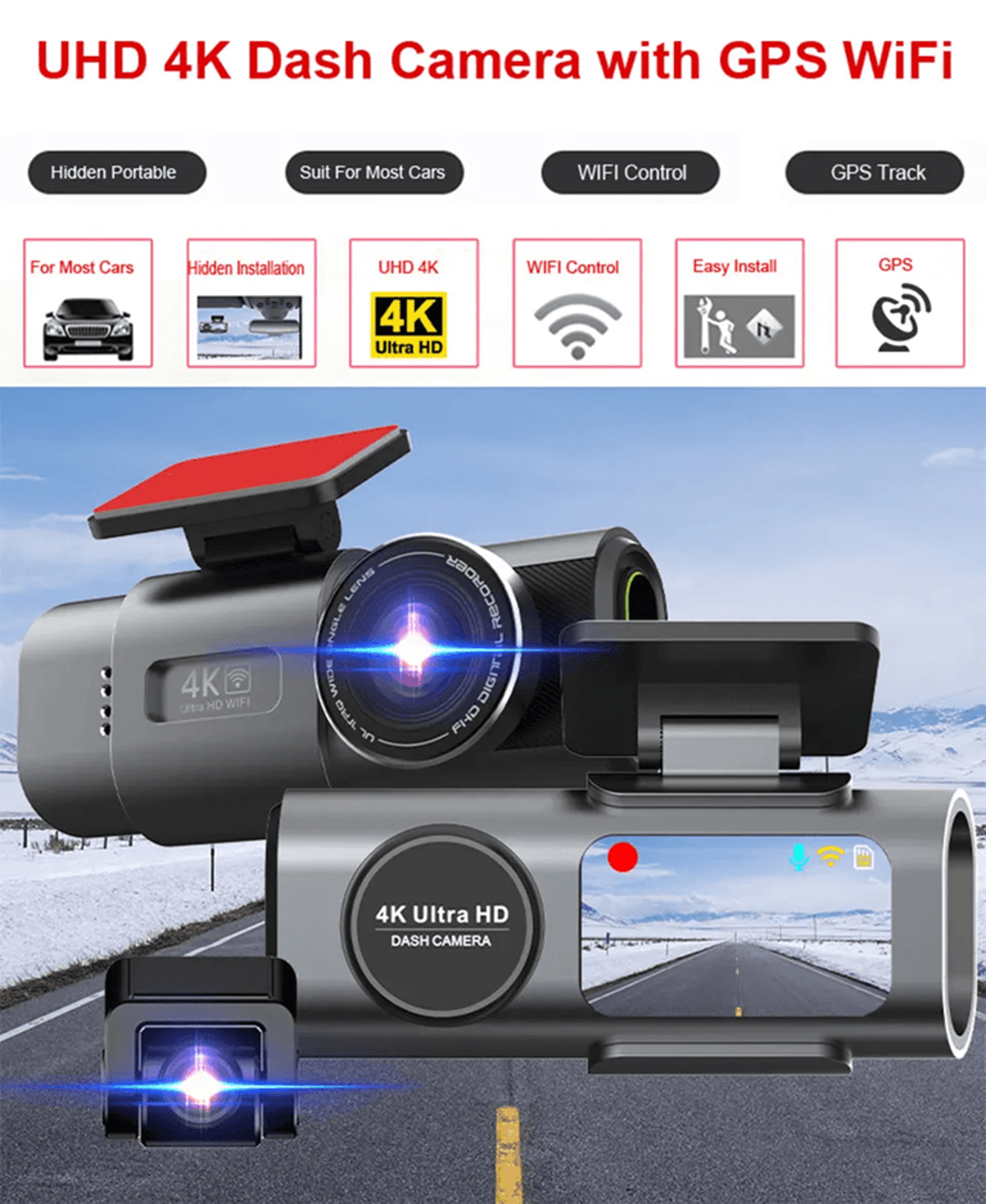 4k dual lens dash cam with gps and night vision for car security and driving safety