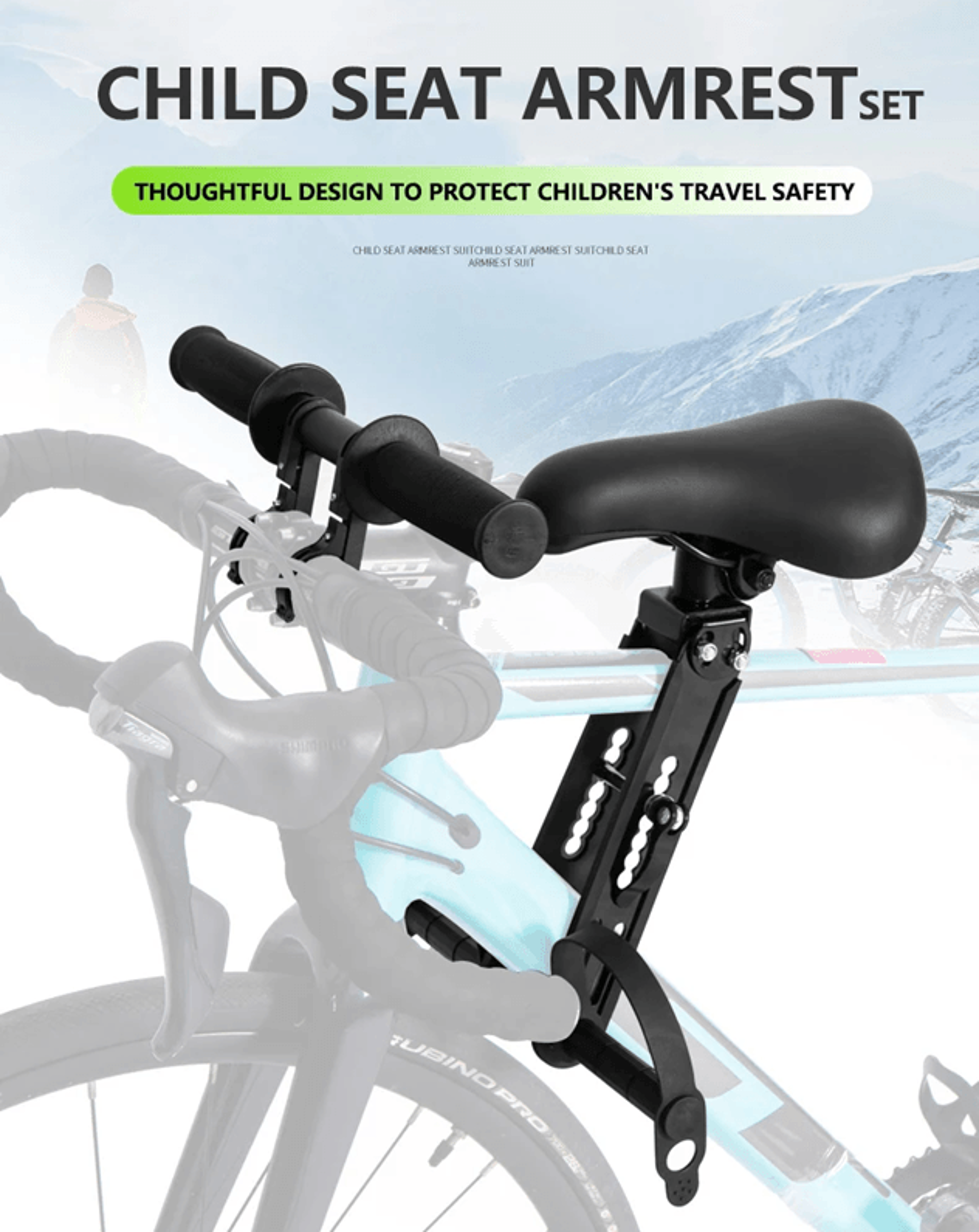 front-mounted adjustable child bike seat with safety handlebar and foot pedals