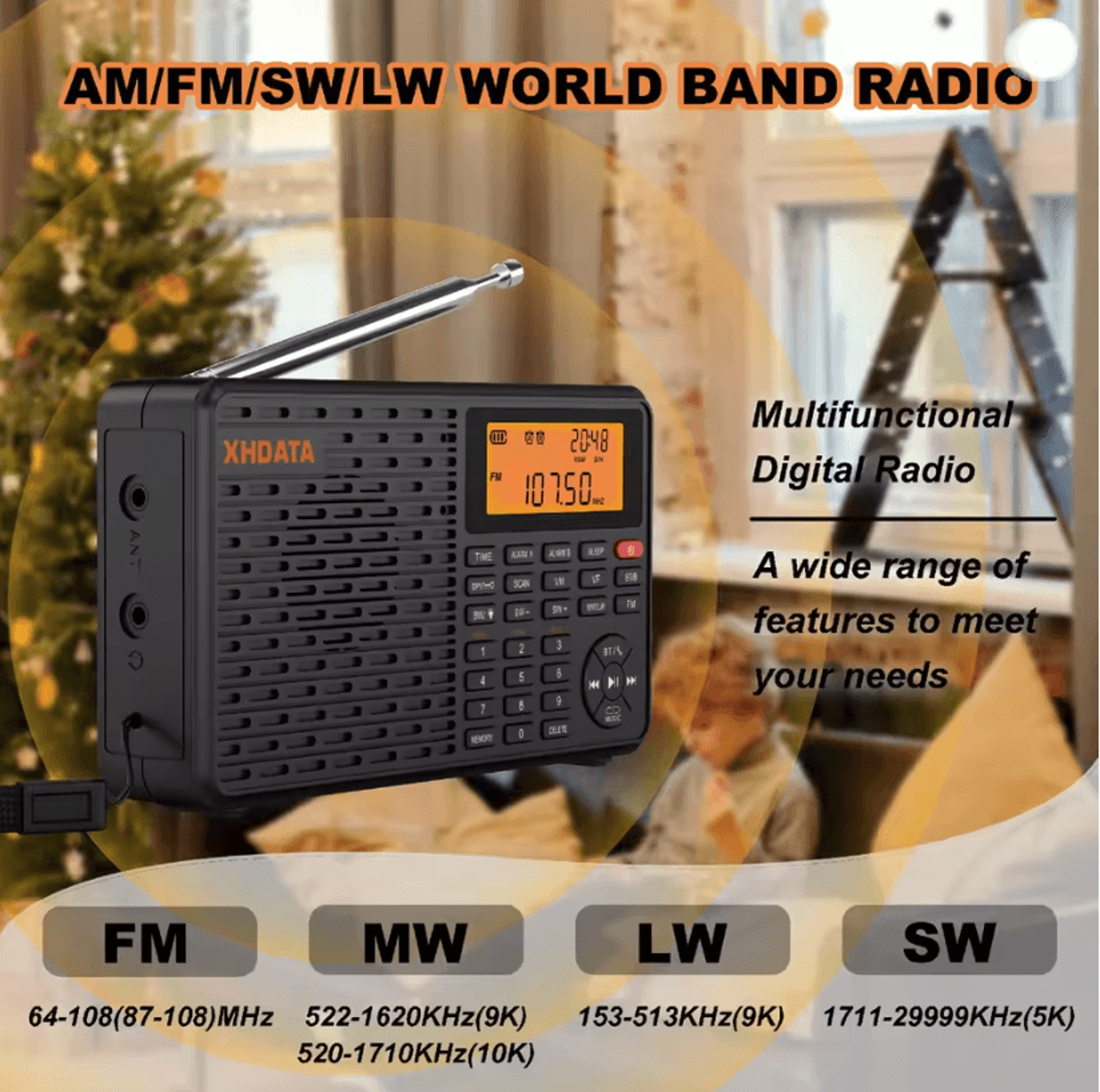 xhdata d109 portable bluetooth radio with am fm sw bands and tf card support
