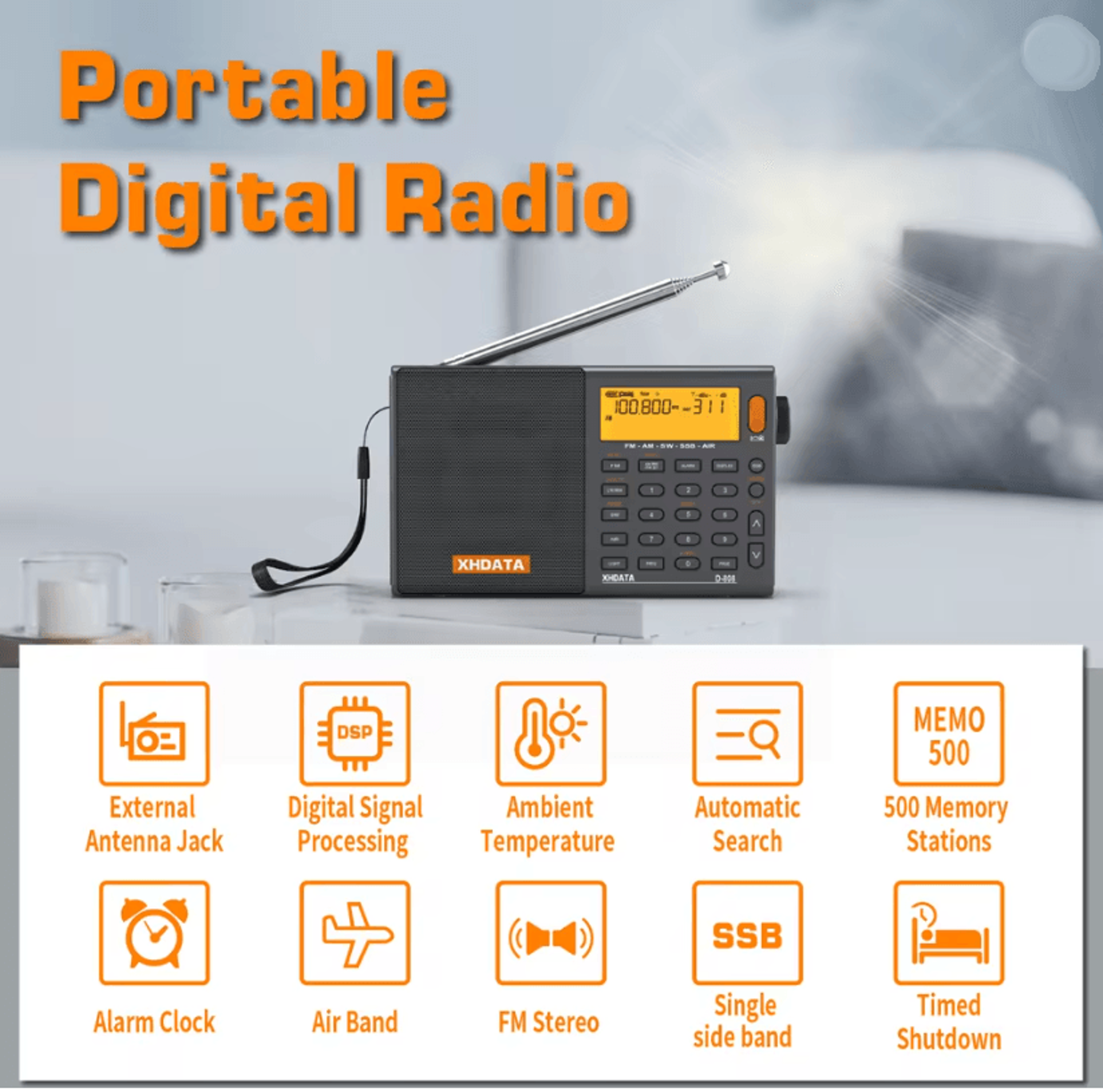 xhdata d808 portable digital radio receiver with am fm sw ssb and air band