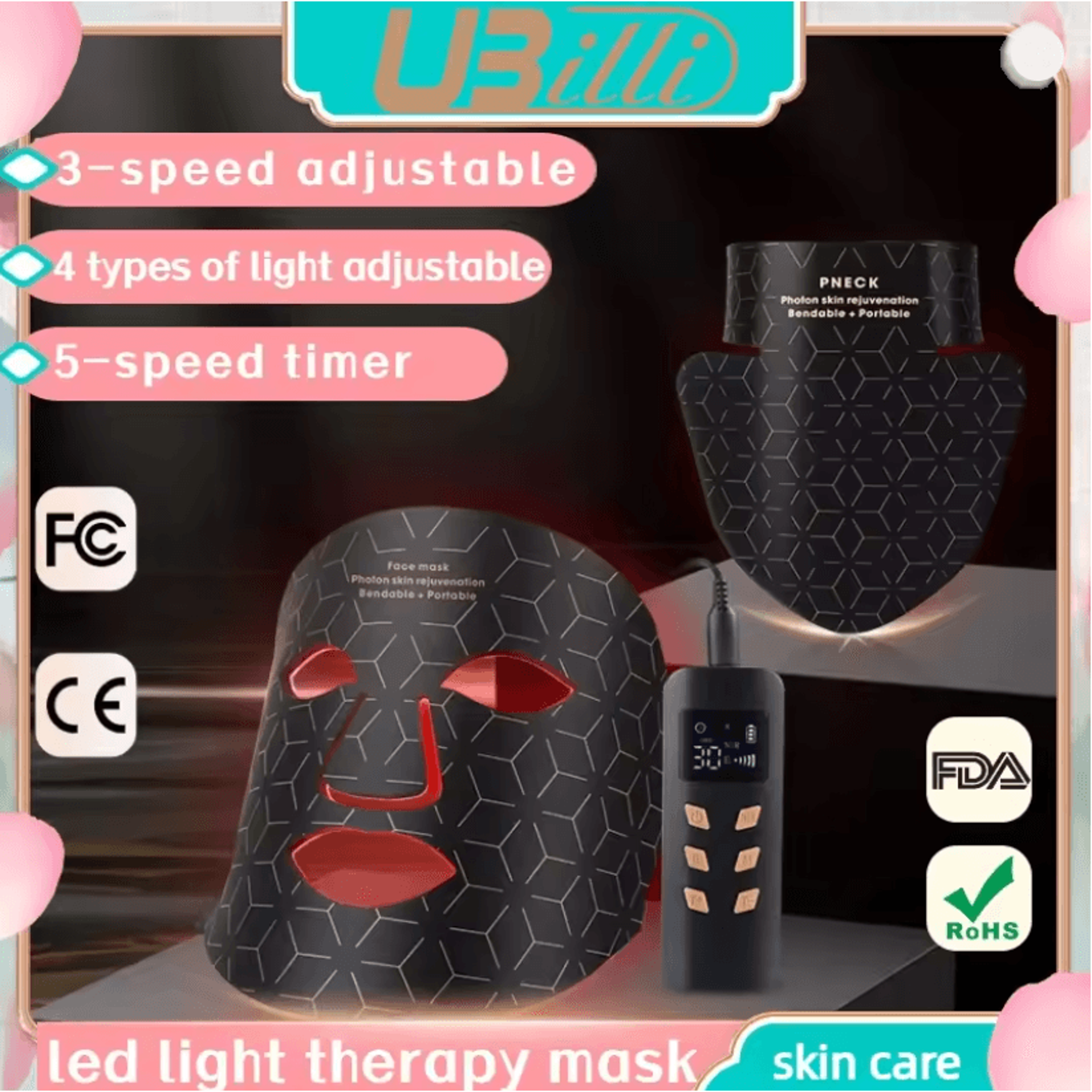 skindion 4-color led light therapy mask – 480 beads for face & neck rejuvenation