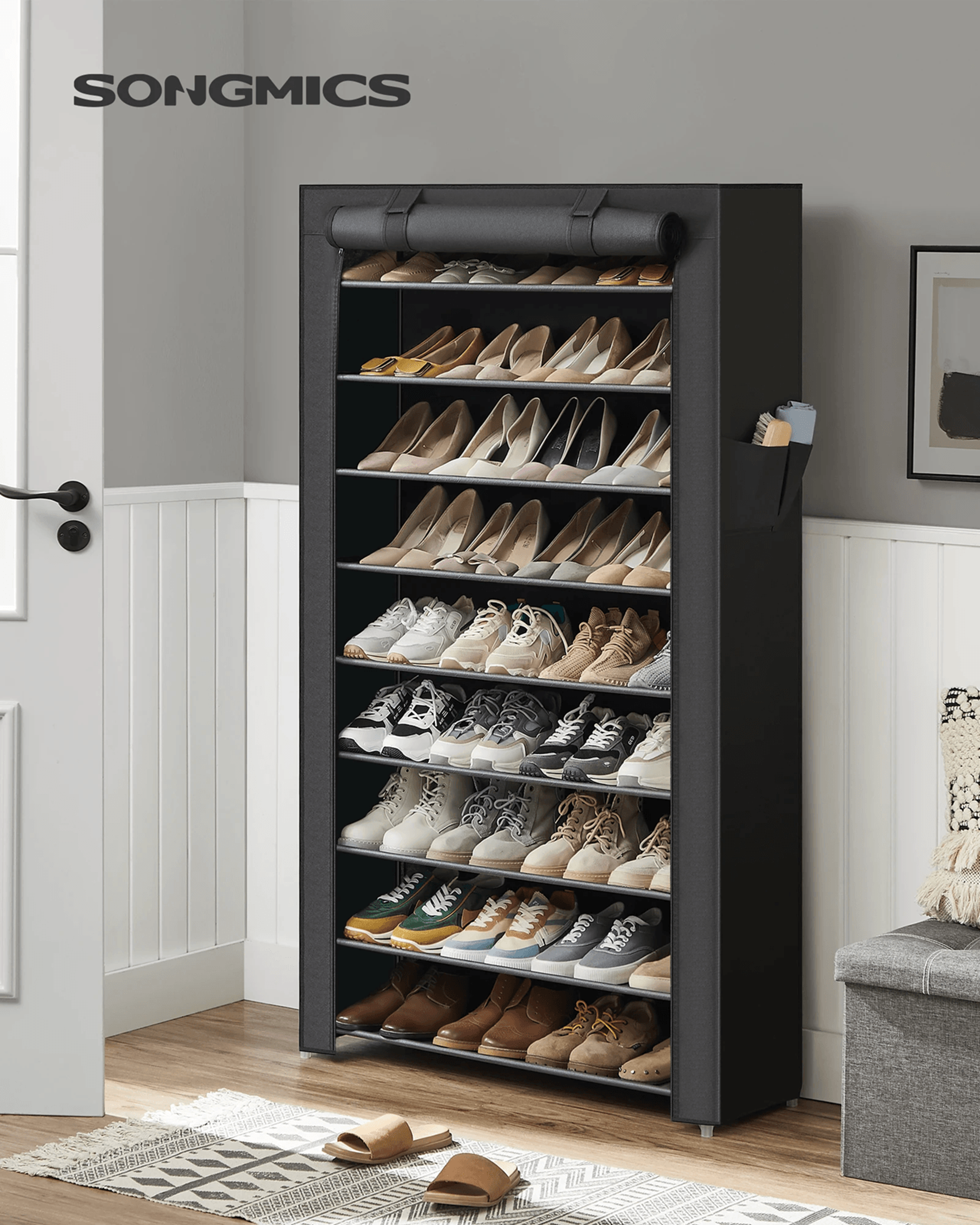 songmics 9 tier shoe rack with dustproof cover for entryway shoe storage and organization